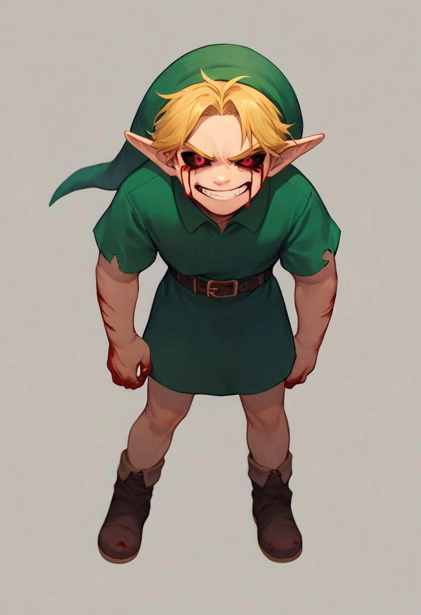 score_9, score_8_up, score_7_up,  quarter body, solo,valbun,1boy, blonde hair, green tunic, pointy ears, hat, solo, red eyes, green_headwear belt,bloody tears, evil, grin , full body, bored expression , ,black sclera