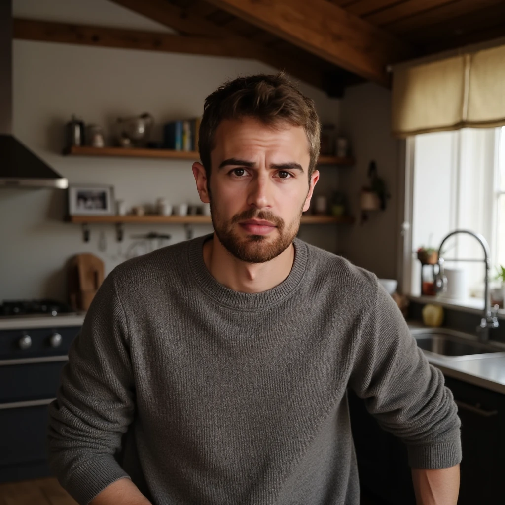 photo of a man, facial hair, wearing a sweater, in a kitchen