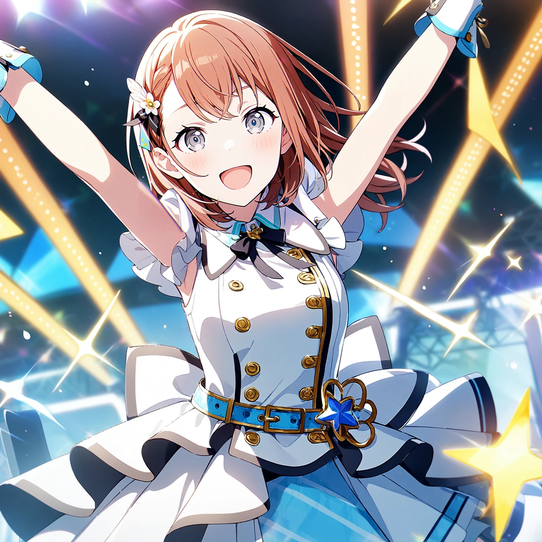 1girl, hanasato minori, project sekai, masterpiece, very aesthetic, absurdres, official art,
brandnew minori, brown hair, grey eyes, braid,
(looking at viewer:1.4), arms up, :D, outstretched arms, BREAK
idol costume, asymmetrical dress, belt, wrist cuffs, ribbon, skirt, neck ribbon, short sleeves, black ribbon, bow, hair ornament, silver trim, blue belt, white bow, black belt, double-breasted, hair ribbon, dress, collared dress, wing collar, pleated skirt,
<lora:sdxl-mmj-BNMinori03:1:lbw=0,0,0.2,0.2,0,0.4,0.4,0,0.8,0.8,0,0,0,0.8,0.8,0.6,0.8,0.0,0.0,0.0,0,0,0,0,0,0>