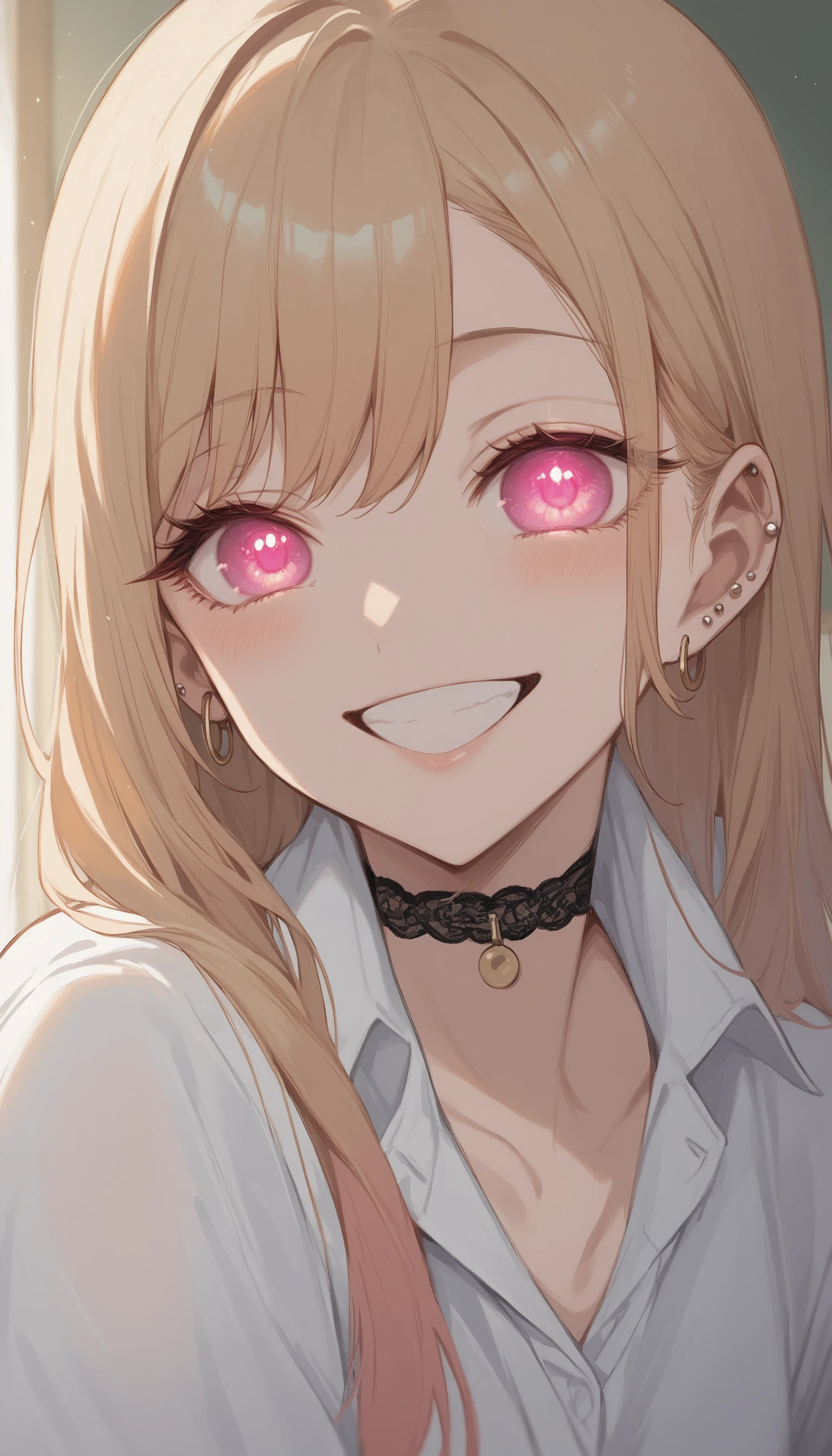 score_9, score_8_up, score_7_up, source_anime BREAK 1girl, <lora:Marin-000013:1>
m4r1n, glowing eyes, solo, choker, piercing, earrings,white shirt, close-up, smile