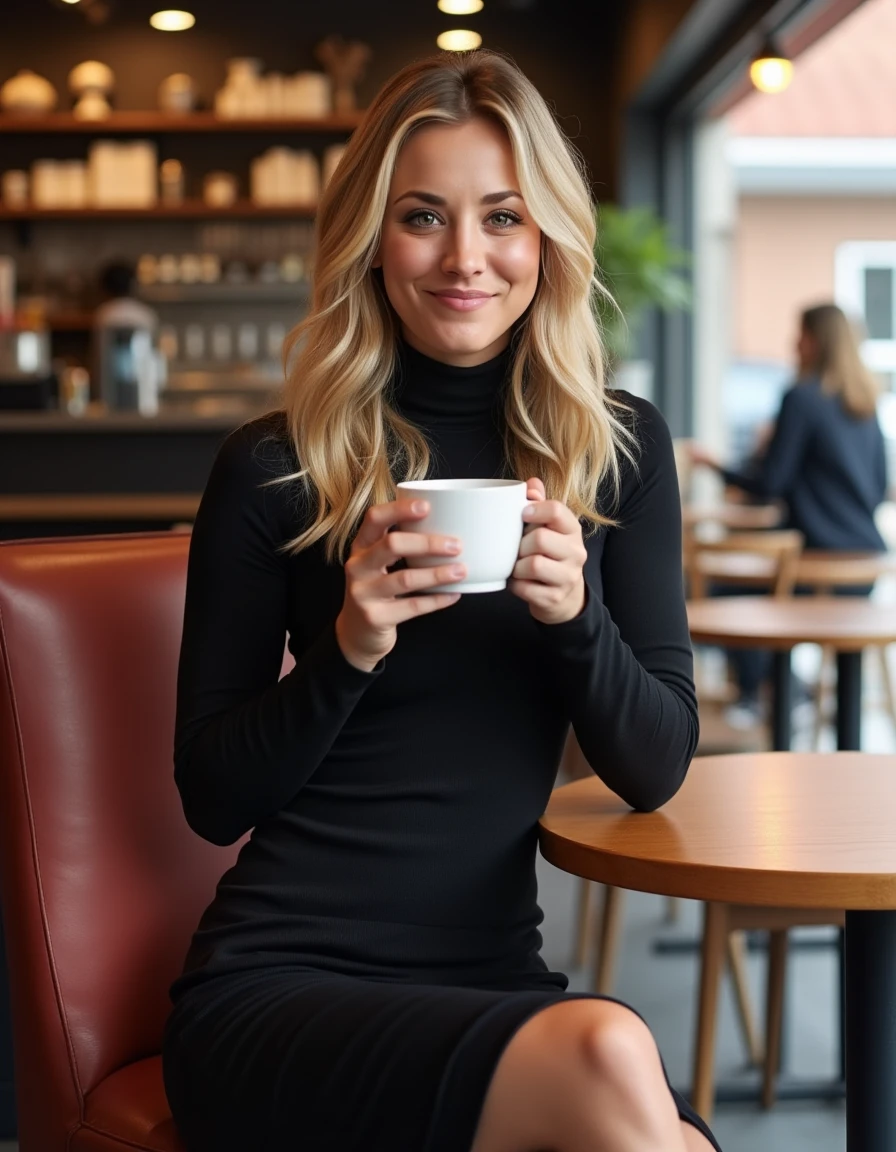 <lora:Kaley_Cuoco_Flux:1> realistic photo of kaleycuoco,  wearing a turtleneck fitted sweater dress, in a cafe having a coffee. looking at the viewer, smiling