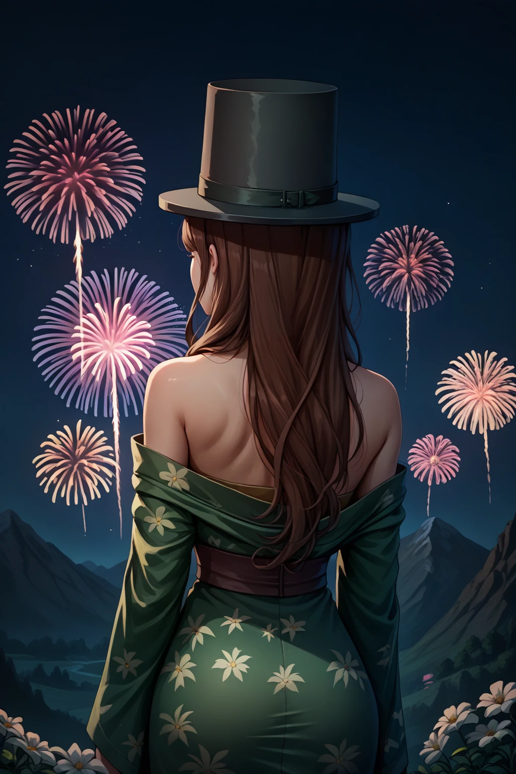 score_9, score_8_up, 1girl, solo, <lora:NSSteampunkerTerraria:1> NSStpumker, brown hair, long hair, top hat, green kimono, flower pattern, bare shoulders, from behind, mountains, pink fireworks, purple sky