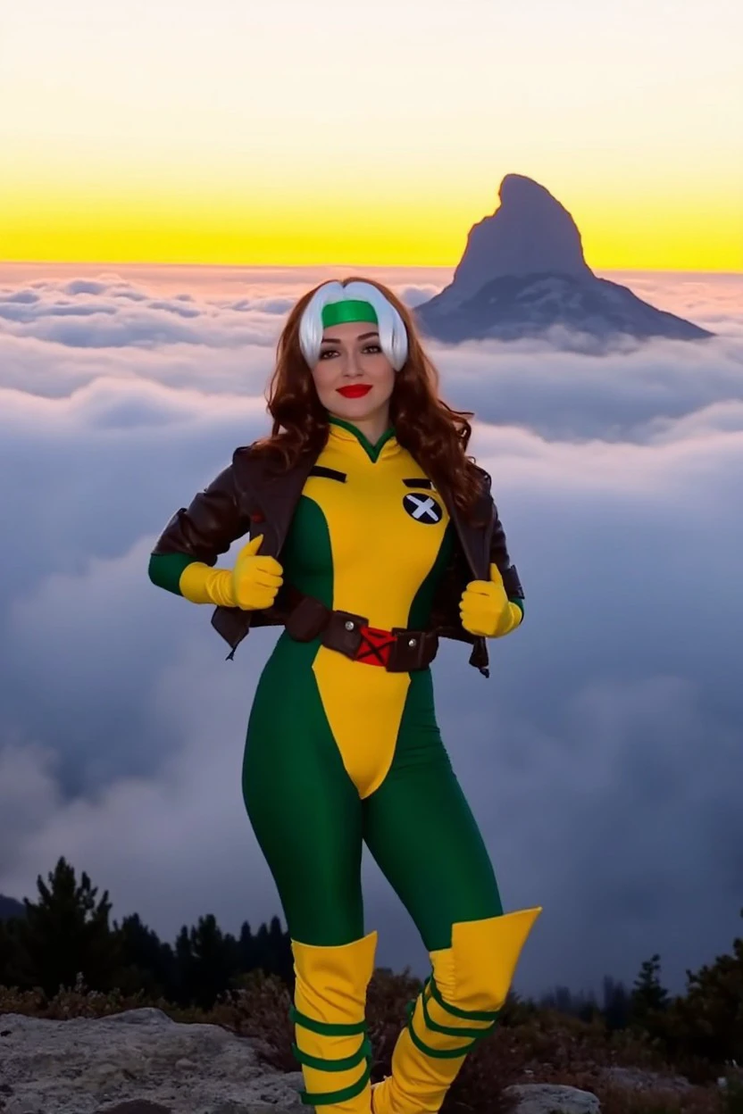 xrgmn woman costume green and yellow bodysuit cosplay, belt, jacket, gloves, brown and white hair, green hair band, 
Nalani, Eliana,
Mountain peak and sunrise over clouds at background, Foggy with limited visibility 
<lora:flux_events_Rogue_xrgmn_woman:1>