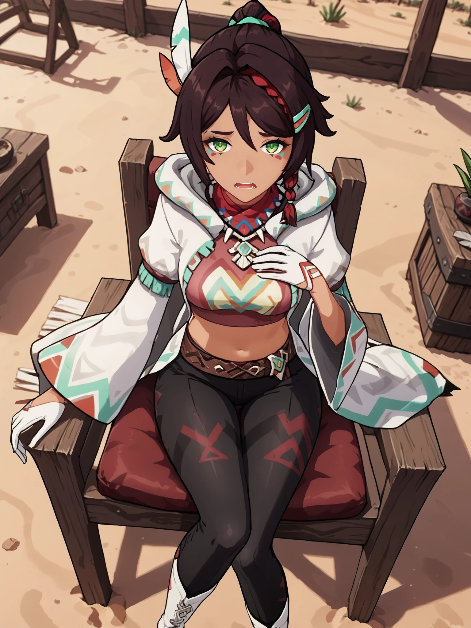 score_9, score_8_up, score_7_up, source_anime, BREAK
<lora:age_slider_v4:0>, (detailed eyes, detailed face, beautiful eyes, long eyelashes, thick eyelashes:1.5), (native indian village, huts, desert, tribal village, indoors:1.5), (sitting on chair, legs crossed:1.5), perspective, pov, looking up at viewer, hand on chest, (concerned:1.5), (open mouth, teeth:1.3), (full body:1.5), from above, (straw beds:1.5), (desk:1), (dutch angle:1.1), BREAK
<lora:Genshin_NPC_Chiychu_Pony_v1:0.85>, gchiychu, brown hair, green eyes, asymmetrical hair, hair between eyes, swept bangs, single braid, (braided ponytail:1.5), sidelocks, (dark skin, dark-skinned female:1.8), facial mark, feather hair ornament, feathers, hairclip, multicolored hair, streaked hair, red bandana, tooth necklace, jewelry, hooded coat, hood down, open coat, puffy shoulders, pink shirt, heart print shirt, midriff, navel, (long sleeves, wide sleeves:1.5), white gloves, brown belt, pouch, (black pants:1.7), white footwear, cross-laced footwear, (knee boots:1.6), high heel boots, (wide hips:1.5), thicc thighs, medium breasts,