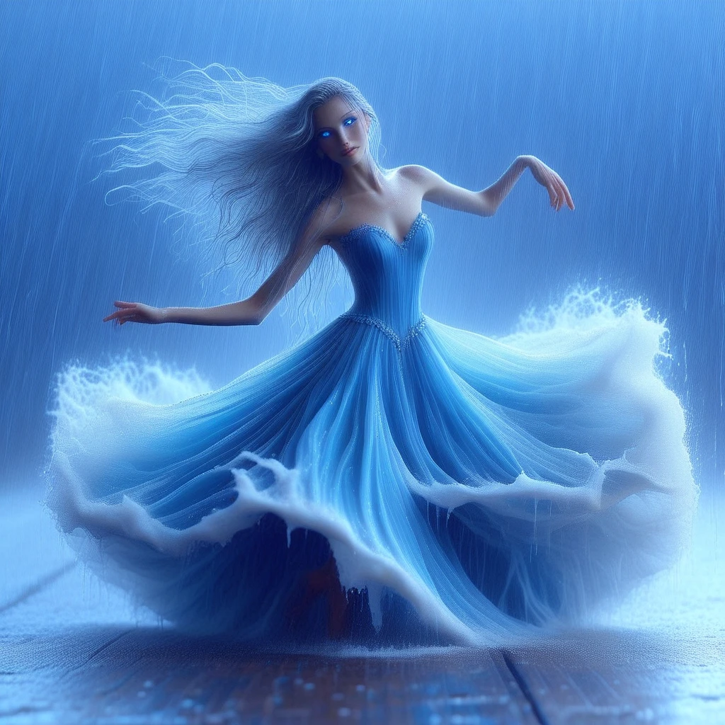 watergoddess, long hair, blue eyes, dancing, rain