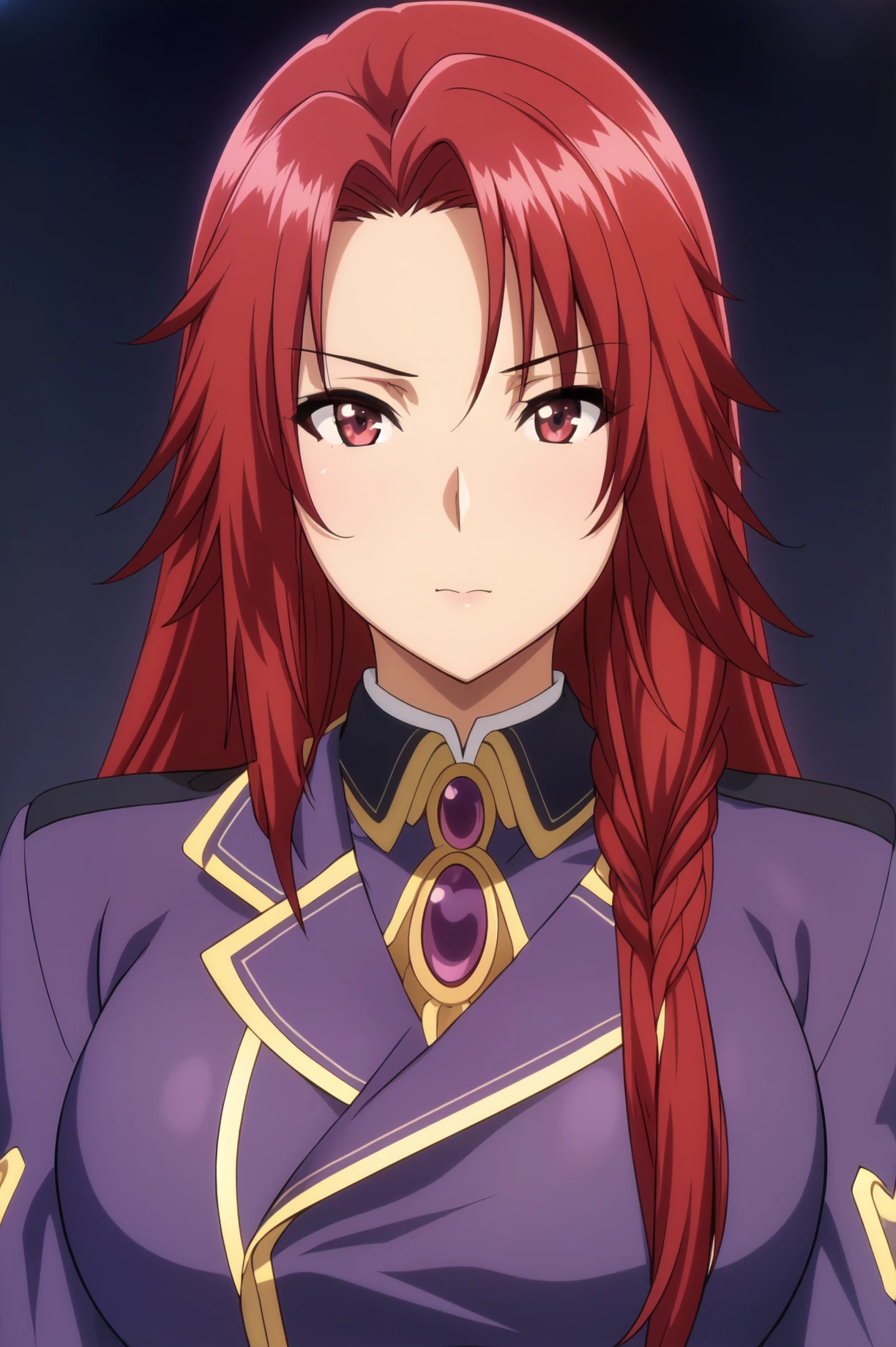 Simple Background,
dynamic pose,standing at attention,
purple military uniform, military, long sleeves, 
<lora:Iris_Midgar_Shadow-KK77-V1:0.7>,Iris_Midgar_Shadow,
Red eyes, Red hair,bangs,Long hair,Makeup, red lipstick, 
<lora:more_details:0.1>,<lora:NovelAI_YesMix5_KKStyle-KK77-Yes5-V1:0.3>,<lora:Oda_Non_Style2-KK77-Yes5-V1:0.3>,
1 girl, 20yo,Young female,Beautiful long legs,Beautiful body,
Beautiful Nose,Beautiful character design, perfect eyes, perfect face,expressive eyes,perfect balance,
looking at viewer,(Focus on her face),closed mouth, (innocent_big_eyes:1.0),(Light_Smile:0.3),
official art,extremely detailed CG unity 8k wallpaper, perfect lighting,Colorful, Bright_Front_face_Lighting,White skin,
(masterpiece:1.0),(best_quality:1.0), ultra high res,4K,ultra-detailed,
photography, 8K, HDR, highres, absurdres:1.2, Kodak portra 400, film grain, blurry background, bokeh:1.2, lens flare, (vibrant_color:1.2),professional photograph,
(Beautiful,large_Breasts:1.4), (beautiful_face:1.5),(narrow_waist),