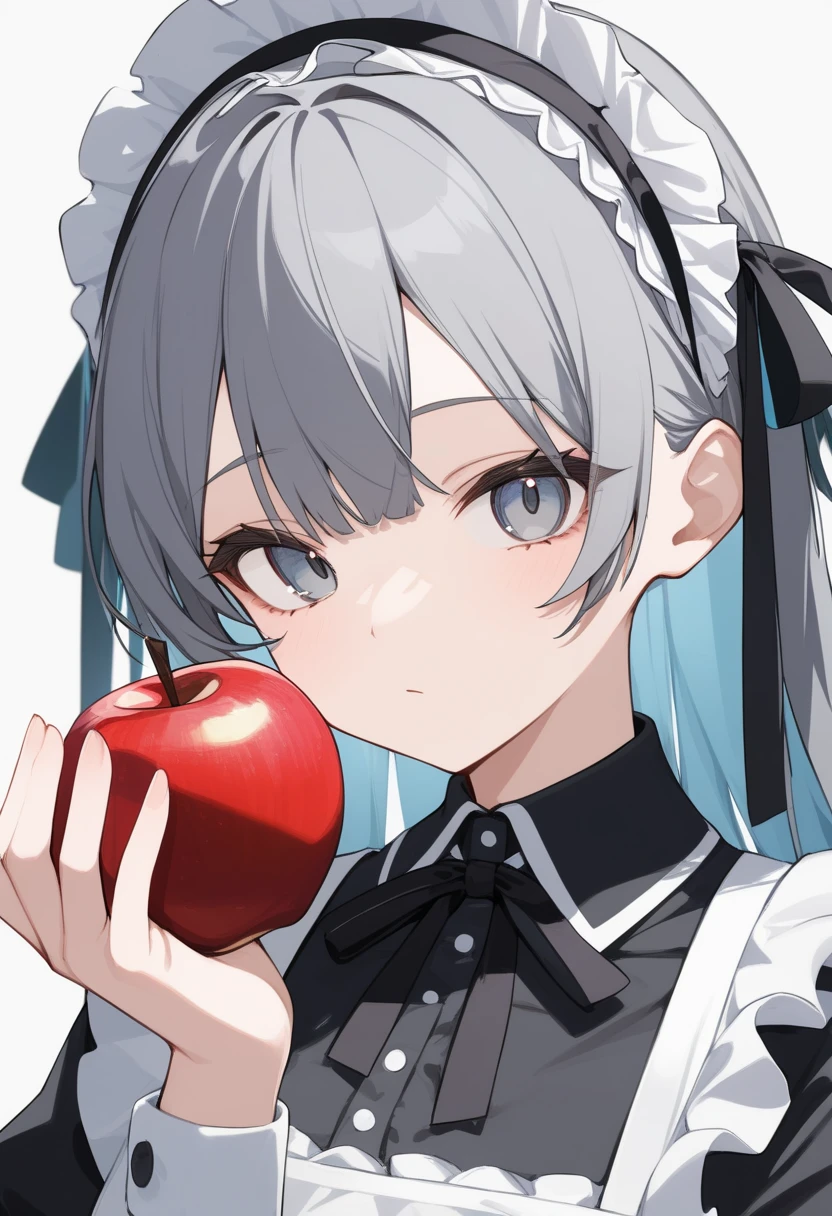 1girl,solo,Grey hair,long hair,maid's outfit,close-up of face,looking at viewer,holding apple,
newest,highres,absurdres,highly detailed,best quality,