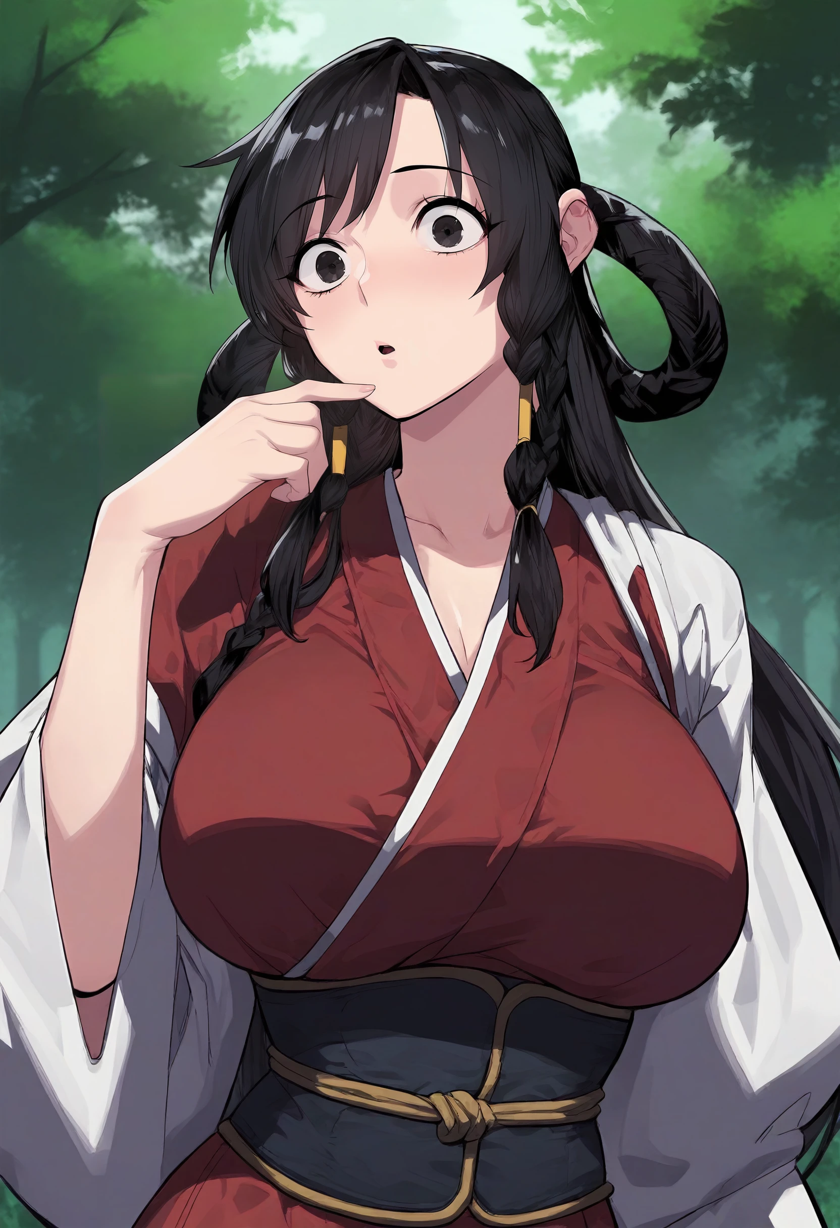 score_9, score_8_up, score_7_up, score_6_up, source_anime, rating_explicit, 1girl, (solo:1.1), huge breasts, <lora:Nak So-Wol prefectPonyxl:0.9> black hair, long hair, black eyes, hair rings, hair tubes, sidelocks, twin braids, hair over shoulder, red shirt, red dress, sash, black corset, short over long sleeves, surprised, forest, outdoors, looking at viewer, close-up, hand up