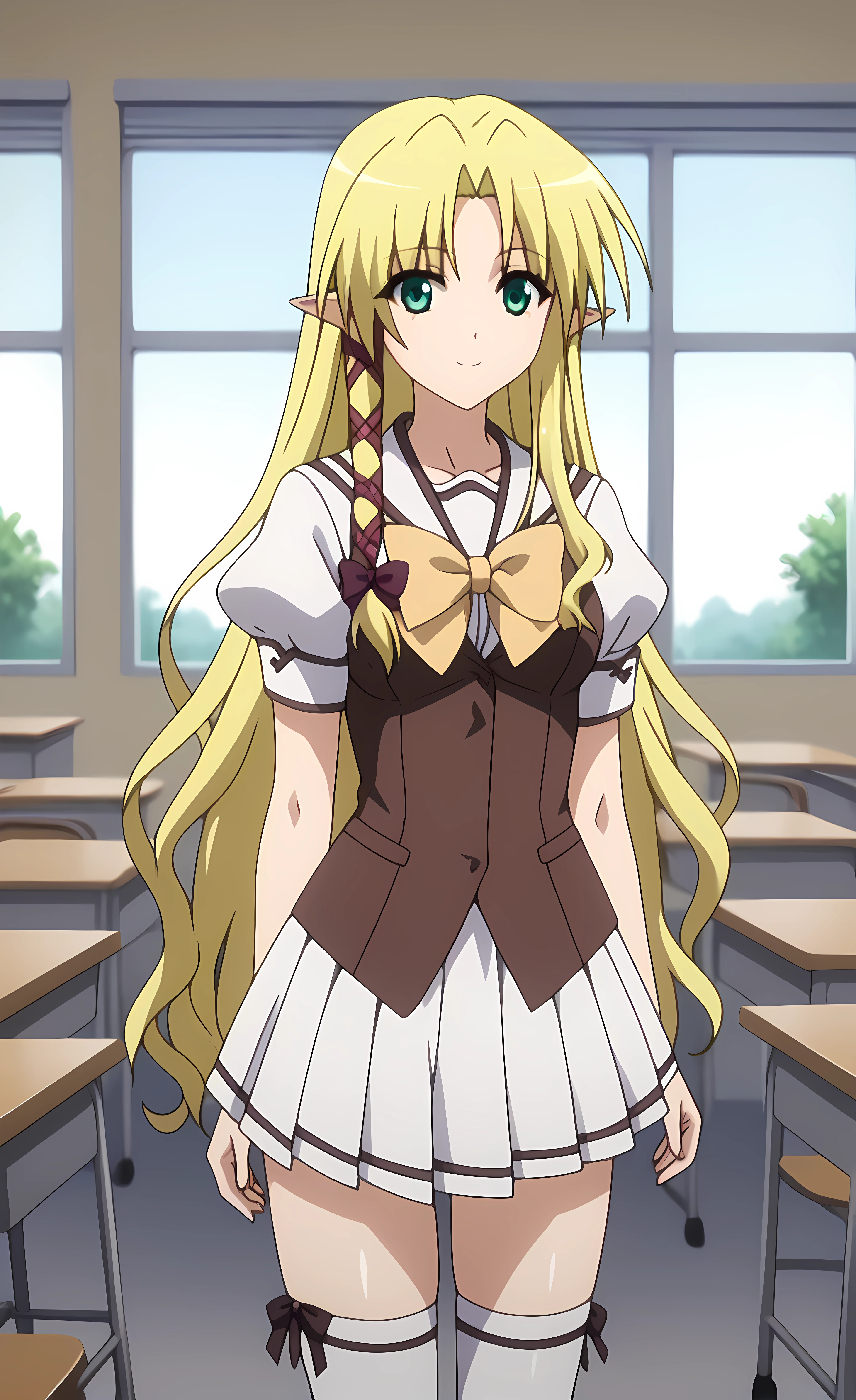 (score_9, score_8_up, score_7_up), looking at viewer, closed mouth, light smile, shiny skin,ohwx, 1girl, solo, breasts, long_hair, blonde_hair, green_eyes, tress_ribbon, pointy_ears, very_long_hair, hair_ribbon, parted_bangs, ribbon, sidelocks,yellow_bowtie, skirt, yellow_bow, kneehighs, white_skirt, vest, bow, puffy_sleeves, thighhighs, puffy_short_sleeves, socks, short_sleeves, bowtie, pleated_skirt, serafuku, shirt, white_shirt, brown_vest, office, window, desk, chair,<lora:kareha_pony_sobsynapse:1>