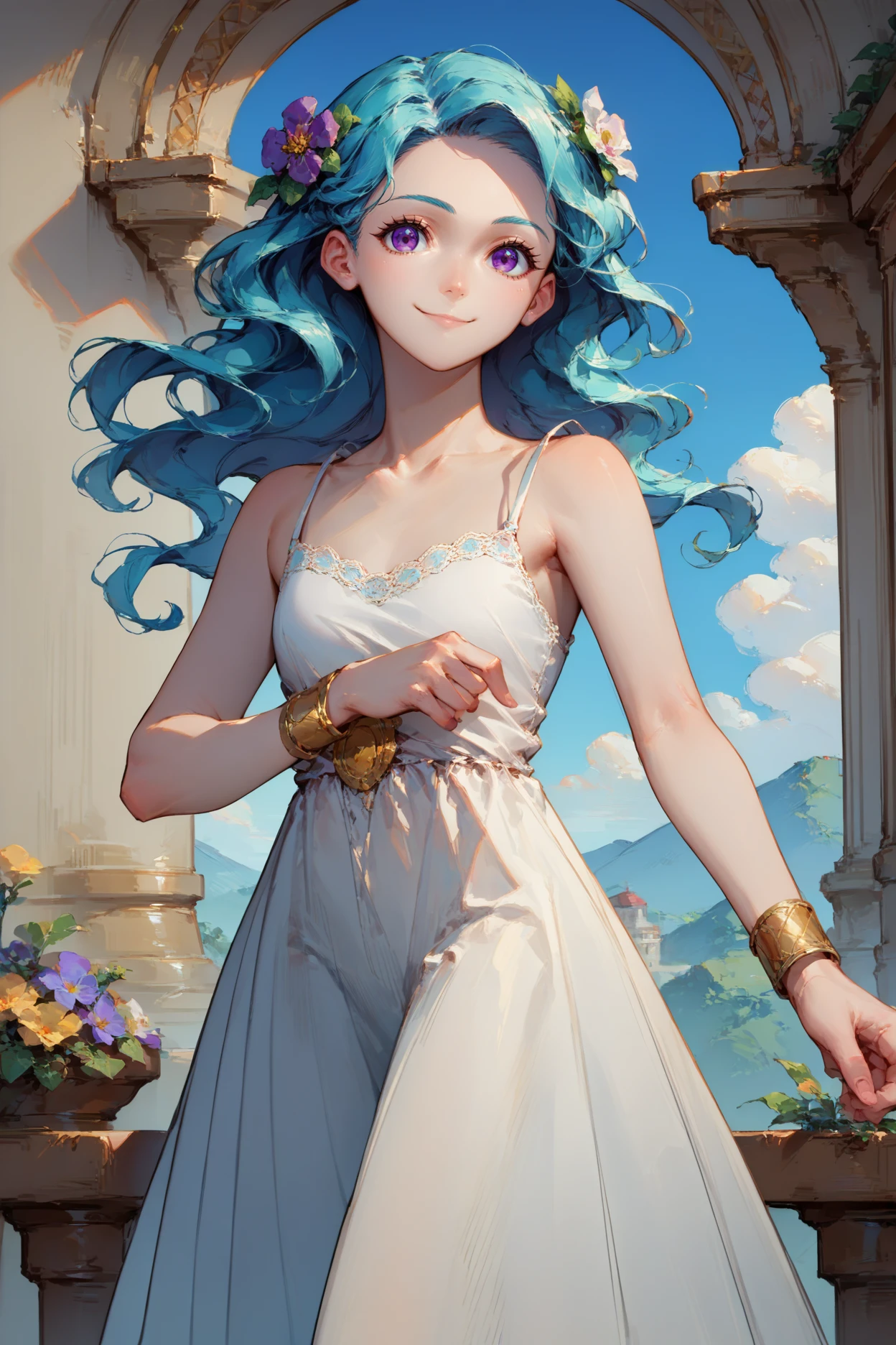 score_9, score_8_up, score_7_up, score_6_up, source_anime, 1girl, solo,  <lora:valere-pdxl-nvwls-v1-000005:1> valere, aqua hair, wavy hair, long hair, purple eyes, white sundress, long dress, bracelet, looking at you, hair flower, meadow, blue sky, hills, smile, spaghetti straps