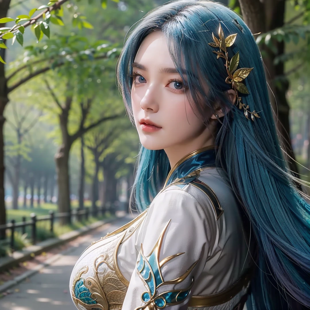 1girl,solo,blue hair,blue eyes,hair ornament,dress,looking at viewer,outdoors,forest,portrait,Highly detailed,(ultra-detailed),(best quality,masterpiece:1.5),