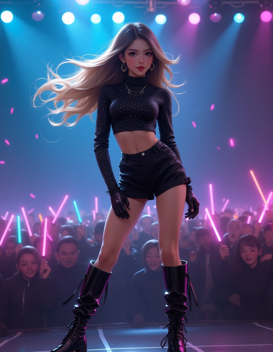 A dynamic shot of a female K-pop idol wearing a sparkly black crop top and high-waisted shorts, paired with knee-high boots, mid-dance with her hair flipping dramatically, best quality, amazing details, LED light stage with fans waving glow sticks in the background  <lora:K-popNijiV.2_000001000:0.75>