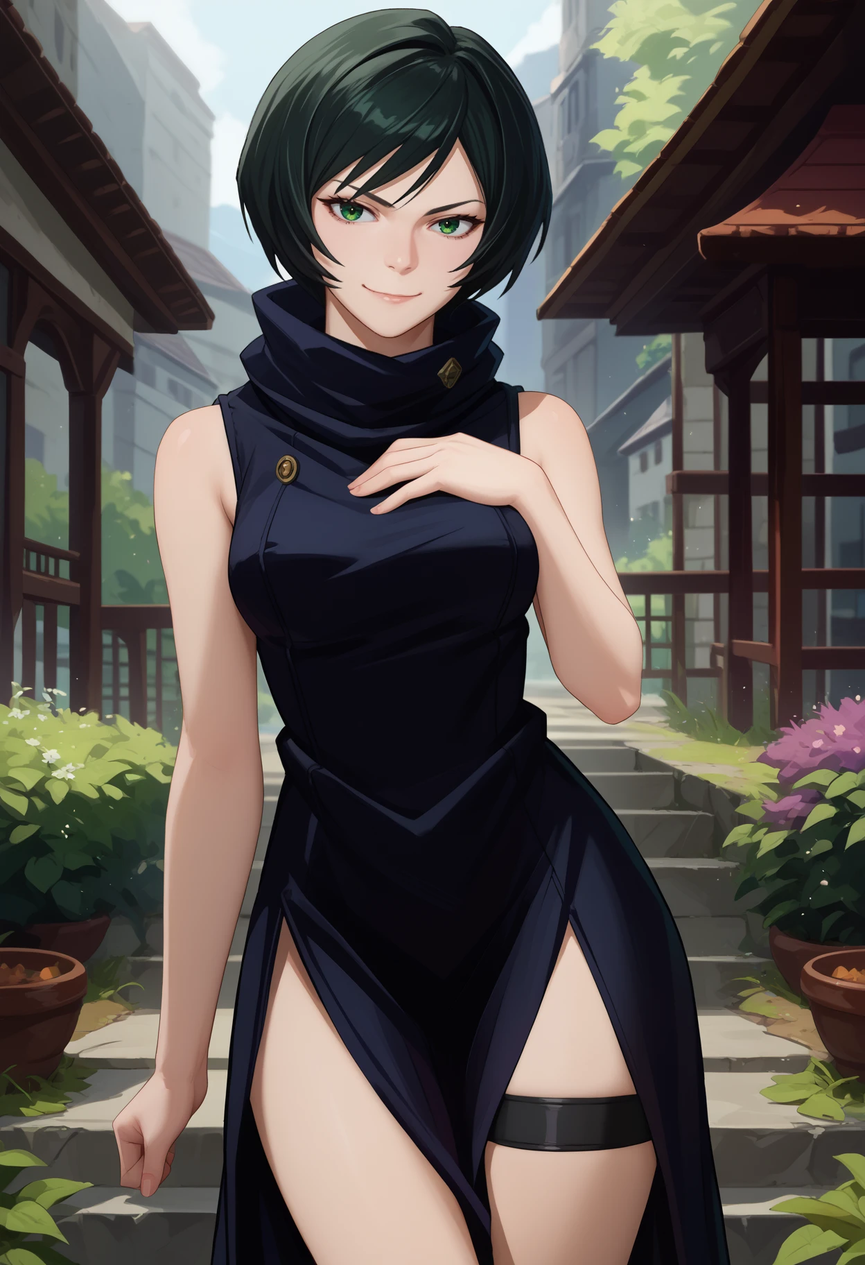 score_9, score_8_up, score_7_up, source_anime, <break> solo, 1girl, zenin mai, smirk, looking at you, standing, hand on own chest, black hair, green eyes, black dress, sleeveless dress, turtleneck, side slit, thigh strap, bare shoulders, outdoors
<segment:yolo-face_yolov8m.pt,0.4,0.5//cid=1>