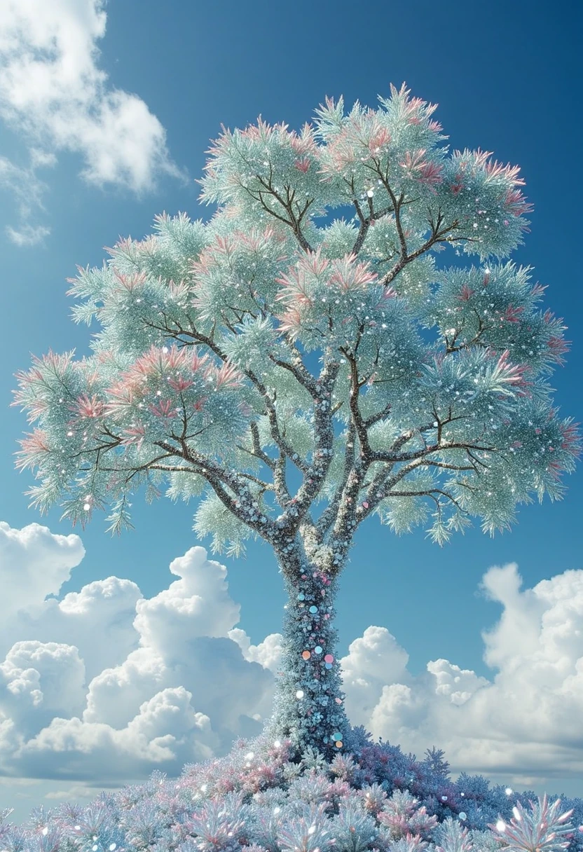 a surreal photo of a tree made entirely of shimmering glass, with its branches reaching into the clouds <lora:Flux\surrealidescent_v1>