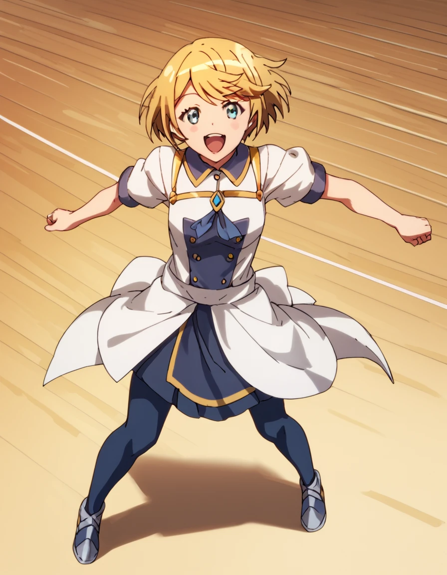 Satome, short hair, blue eyes, blonde hair, score_9, score_8_up, score_7_up, score_6_up, score_5_up, score_4_up, source_anime  <lora:Chillin30sFiredfromDemonArmy:1>, happy, dynamic pose, full body