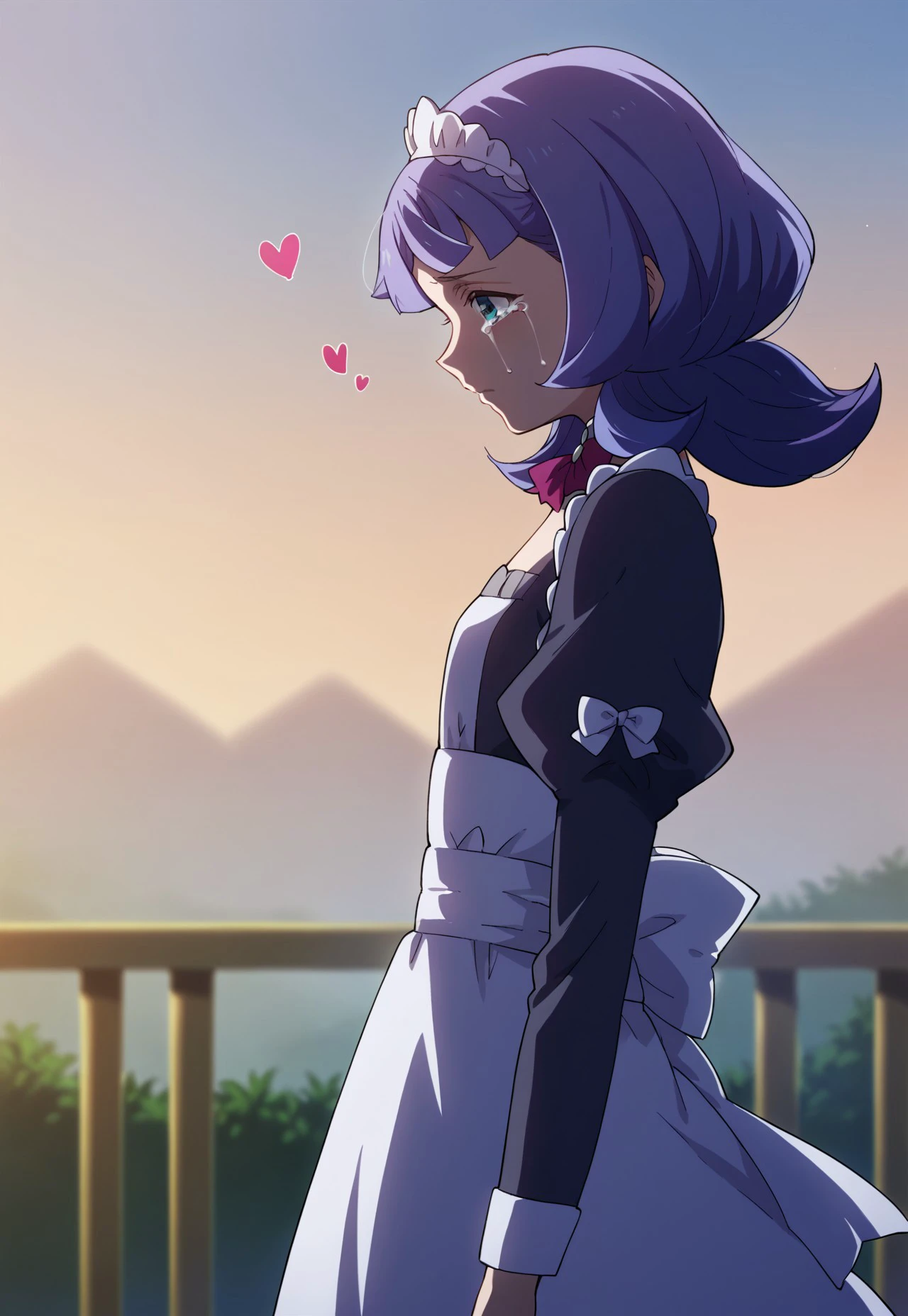 safe_pos, Score_9, score_8, score_7, source_anime, almiriabauduin, tears, standing, portrait, small breasts, maid, shoes, heart, from side, sky, shirt