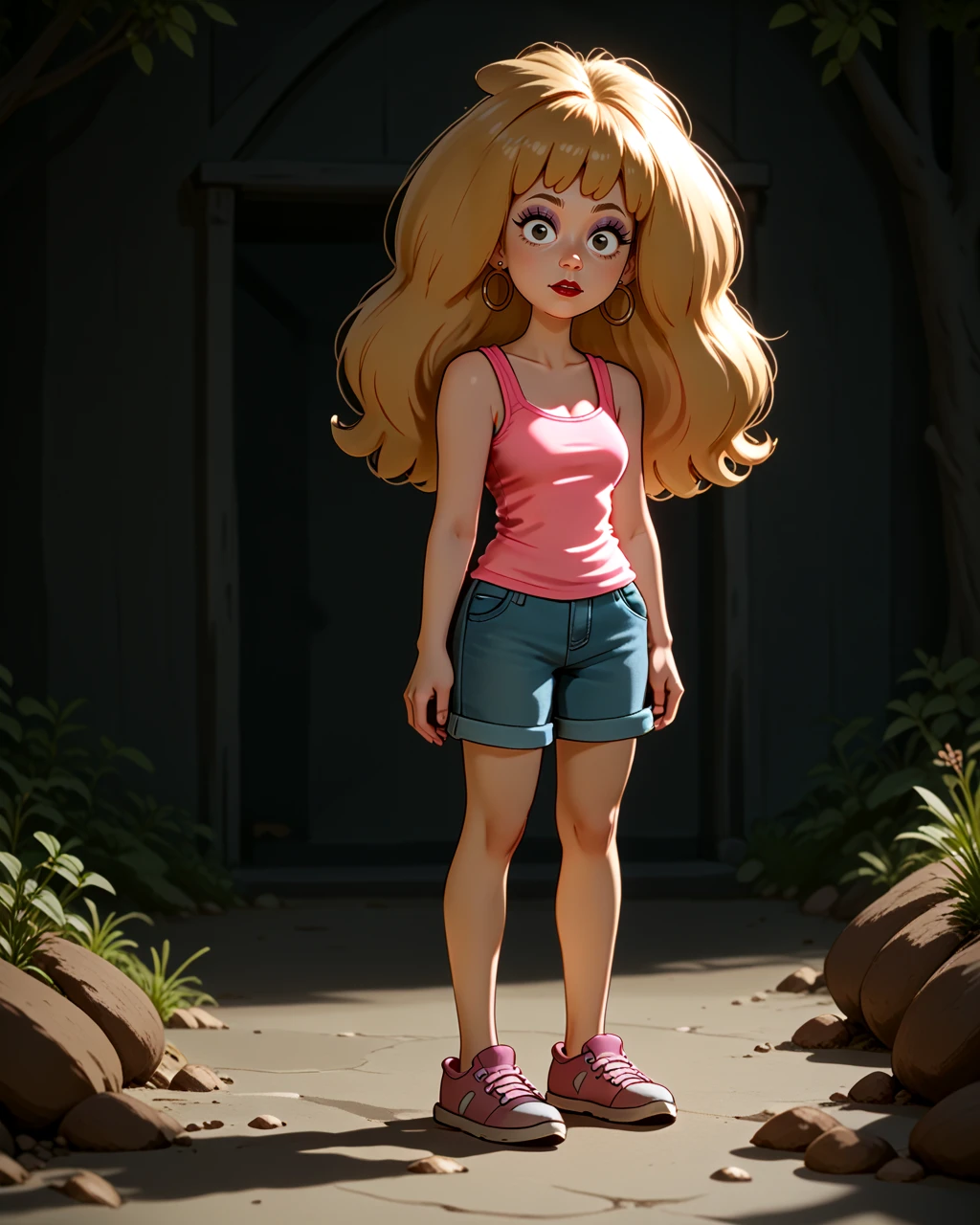 score_9, score_8_up, score_7_up,  <lora:Tinona_Sumouski_PONY:1> 1girl, blond hair, black eyes, makeup, big hair, long hair, hoop earrings, pink shirt, jorts, jean shorts, sleeveless shirt, pink tank top, full body,