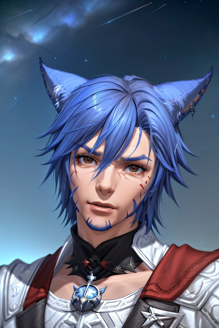 face_2_xiv, catboy, animal ears,  1boy, male focus, solo, facial mark, blue hair, cat ears, portrait, red eyes, facial hair, cat boy, star (sky), short hair, miqo'te, ffxiv, 3d, , masterpiece, best quality, very aesthetic, absurdres