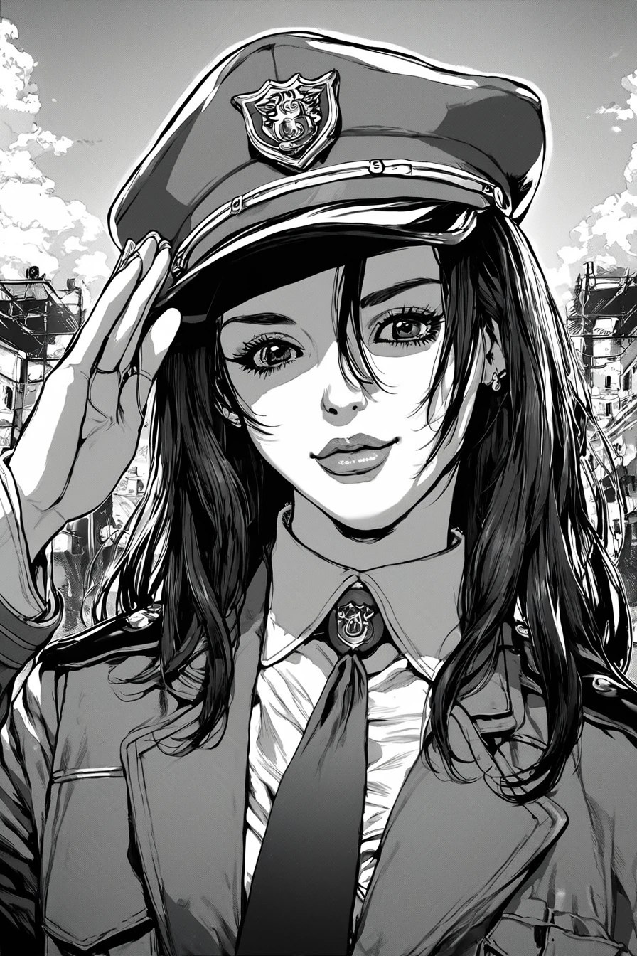 score_9, score_8_up, score_7_up, score_6_up, score_5_up, score_4_up,  <lora:Boichi_style_pony:1>, boichi style, 1girl, monochrome, greyscale, salute, solo, uniform, hat, police, upper body, necktie, police uniform, policewoman, military uniform, military, long hair, lips, looking at viewer, masterpiece