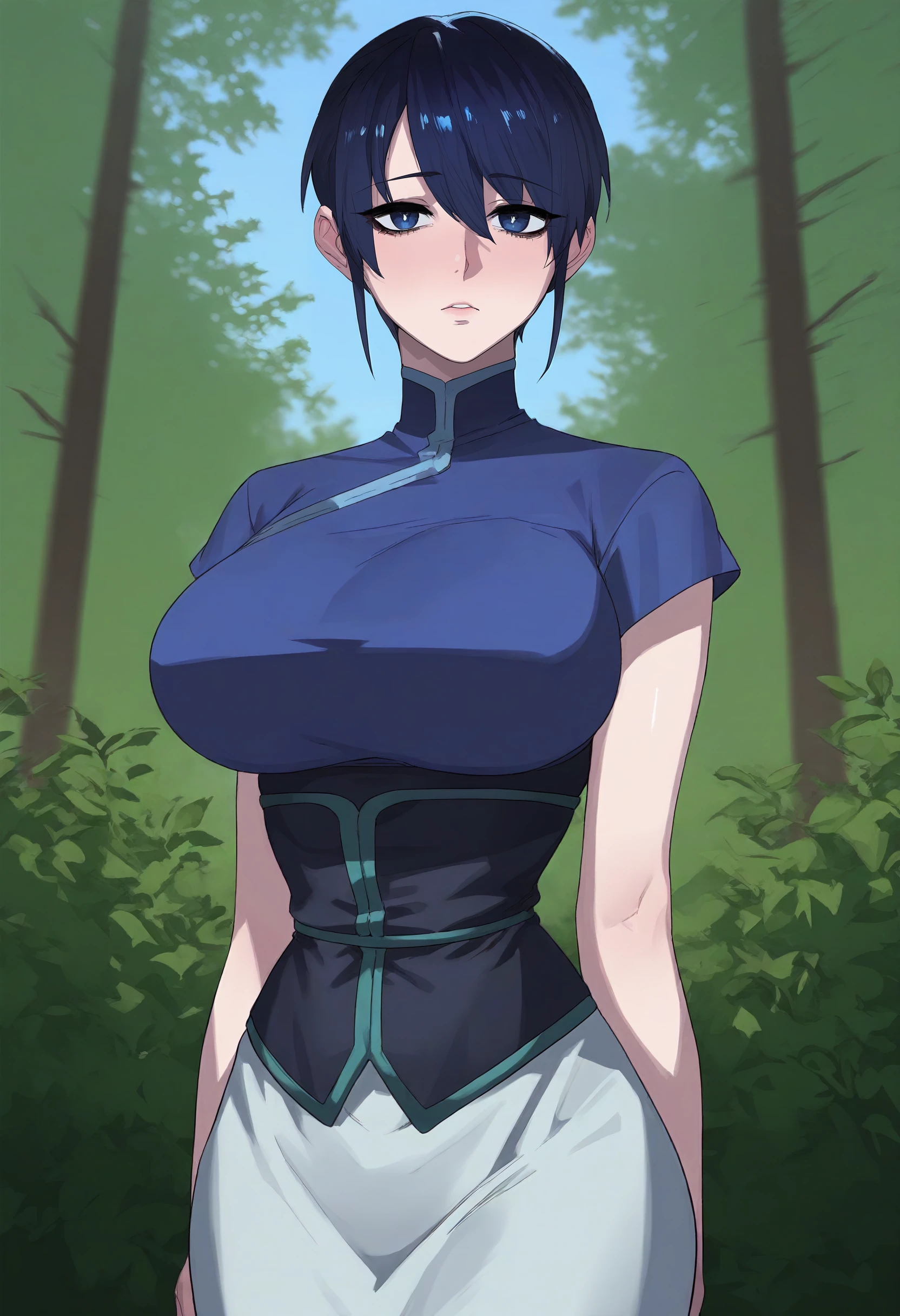 score_9, score_8_up, score_7_up, score_6_up, source_anime, rating_explicit, 1girl, (solo:1.1), huge breasts, <lora:Dan Li-Hwa prefectPonyxl:0.9> short hair, black hair, black eyes, blue eyes, blue hair, white pupils, chinese clothes, turtleneck, blue shirt, short sleeves, black corset, white skirt, expressionless, forest, outdoors, looking at viewer