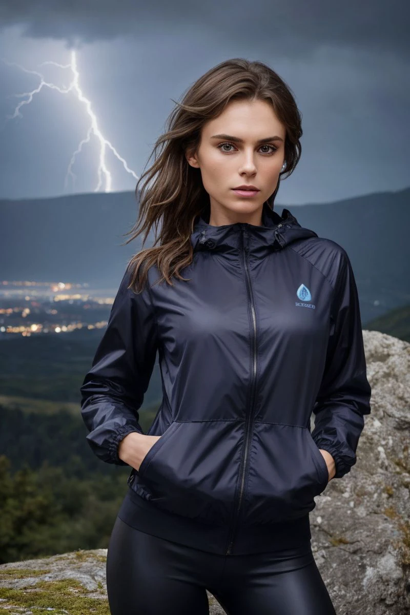 photo of S525_AnastasiaOrlovskaya,a stunning woman,on a (mountain top:1.1),wearing a (windbreaker),leggings,(wet hair),(thunderstorm),(4k, RAW photo, best quality, 50mm, depth of field, ultra high res:1.1),(intricate, photorealistic, cinematic-shot, masterpiece, ultra-detailed:1.1),