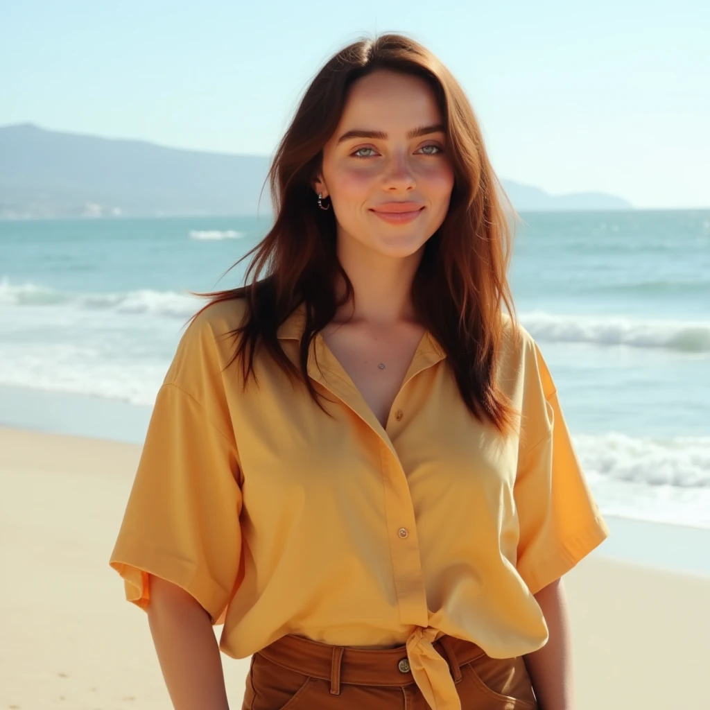 woman, light makeup, smiling, golden shirt, brown pants, beach, half body shot, looking at viewer