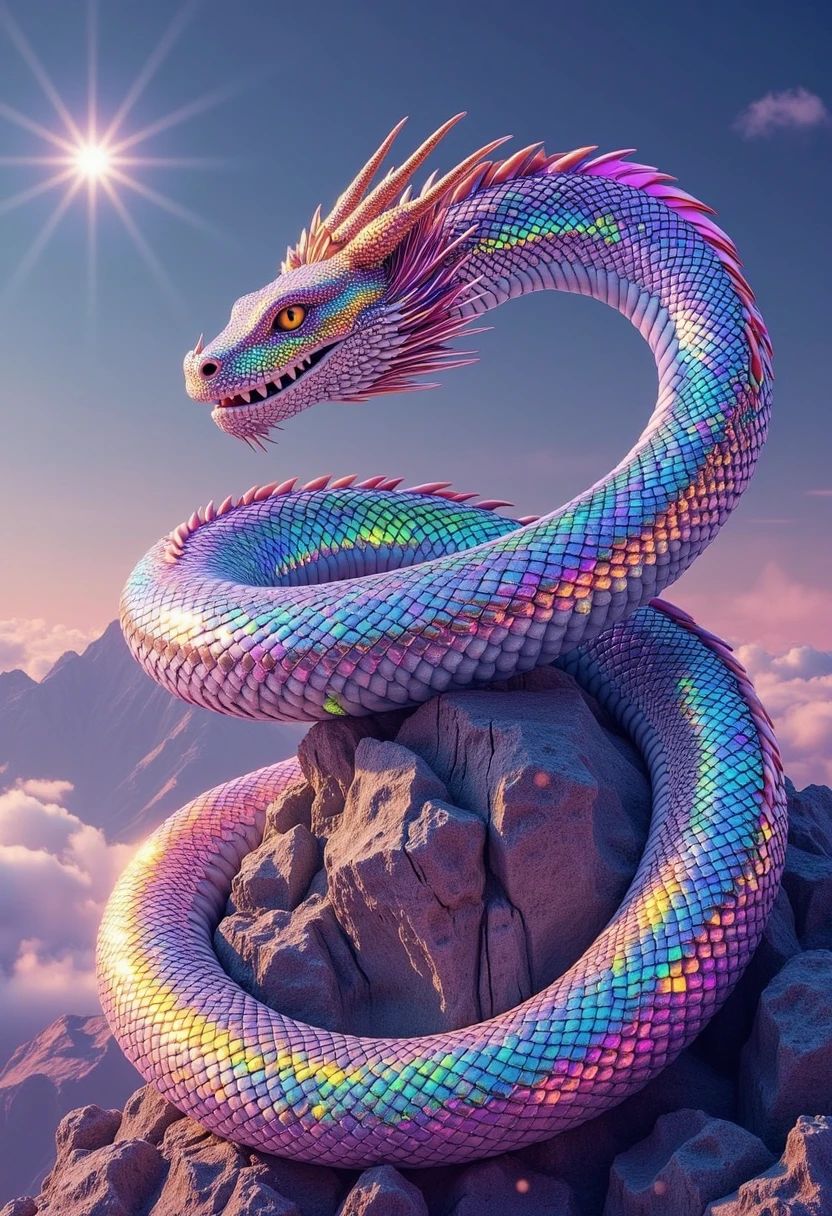 a surreal dreamlike photo of a giant iridescent dragon coiling around a mountain peak, its scales reflecting every color of the rainbow <lora:Flux\surrealidescent_v1>