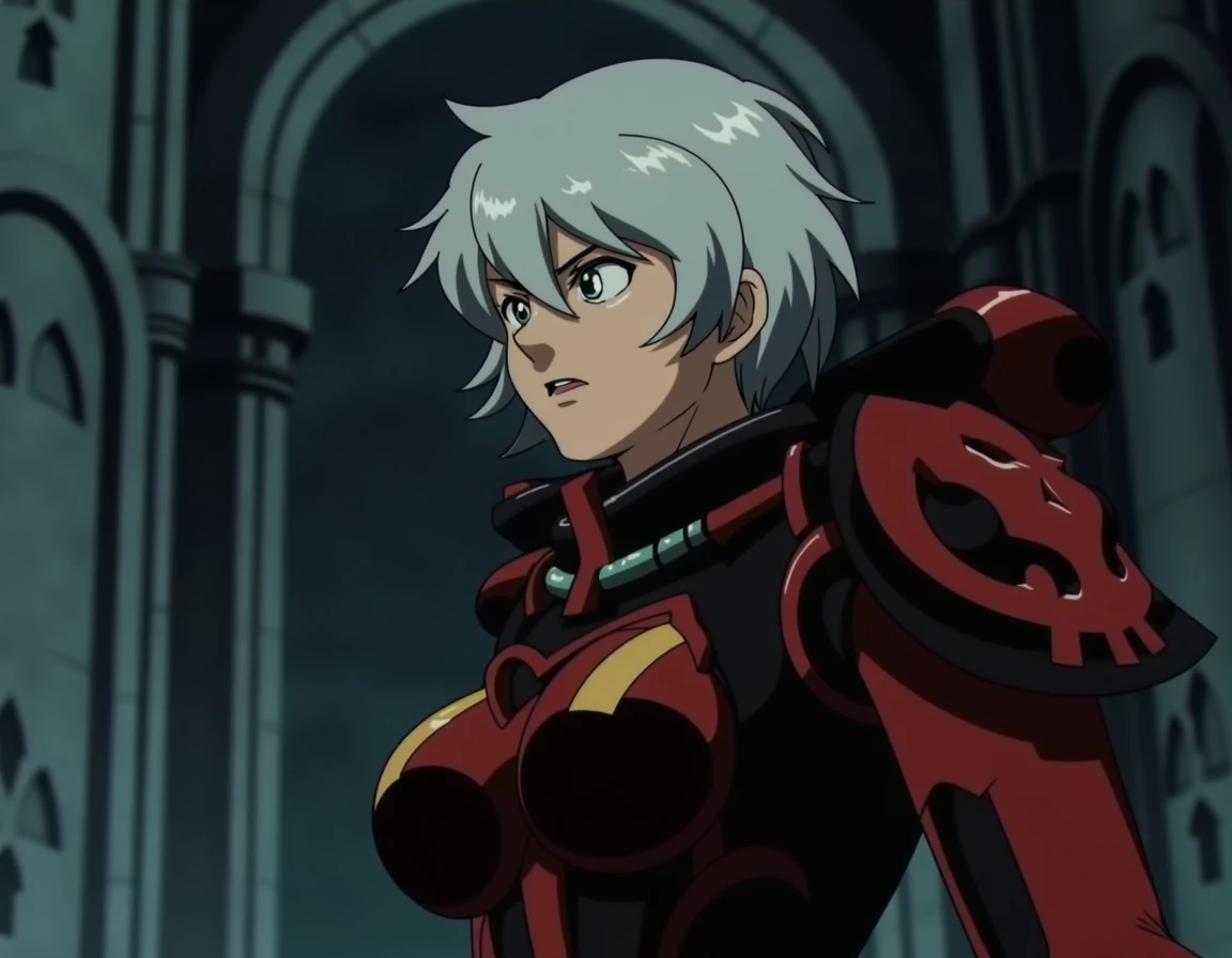 1990s Anime Screencap, of a Sister of Battle \(Warhammer 40K\) from the order of our martyred lady. Dynamic scene, grimdark, battle, gothic-style architecture, she is wearing black and red Sororitas power armor, and has short white hair. The screencap is from an anime adaptation of Warhammer 40,000. The sister of battle has mature features and is in her mid 20s. 
cel shading, gritty, cool color temperature, muted colors.
Yoh Yoshinari character designer