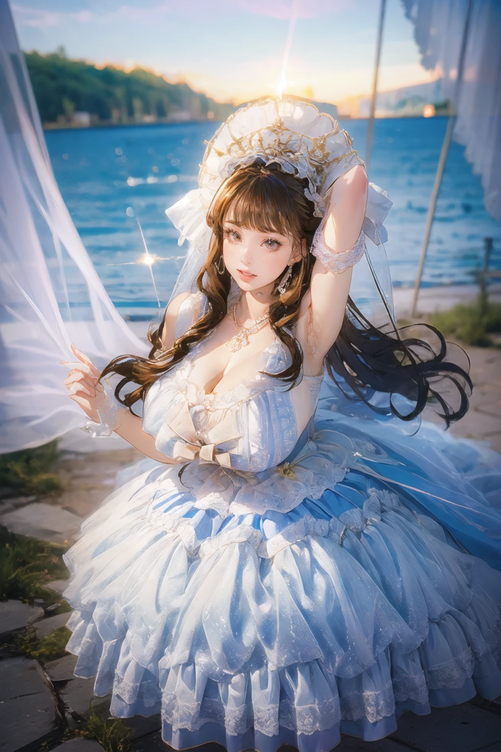 (masterpiece, best quality:1.2),illustration,8k,hd,huge filesize,lens flare,1 girl,very long hair,solo,brown hair,bswq,dress,white dress,blue dress,jewelry,necklace,pantyhose,bow,lace,lace trim,lace-trimmed dress,sleeveless dress,big breasts,(cleavage:1.4),bouncing breasts,lake,extremely detailed dress,sky,crystalstexture skin,areola,nipples,