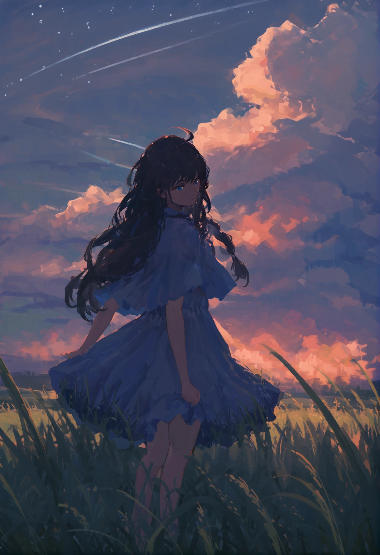 masterpiece, best quality,1girl, solo, long hair, scenery, sky, dress, outdoors, very long hair, capelet, grass, standing, star \(sky\), ahoge, starry sky, field, fantasy, night, wind, blue theme 
<lora:xilmoXLlokr4f-000185:0.95>