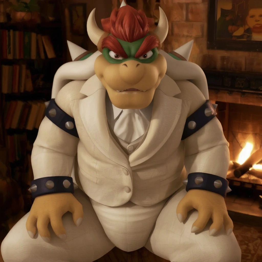 Bowser, with a serious and focused expression, is wearing an all-white wedding suit paired with his signature spiked cuffs and collar. The scene has a warm, subtle lighting that reveals a background of a room with a bookshelf and a burning fireplace, adding a cozy ambiance to the image.