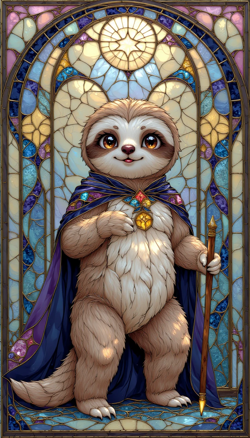 p1nk1est41n3dgl4ss, stained glass,a cute sloth wearing a magic cape, playing with a magic wand