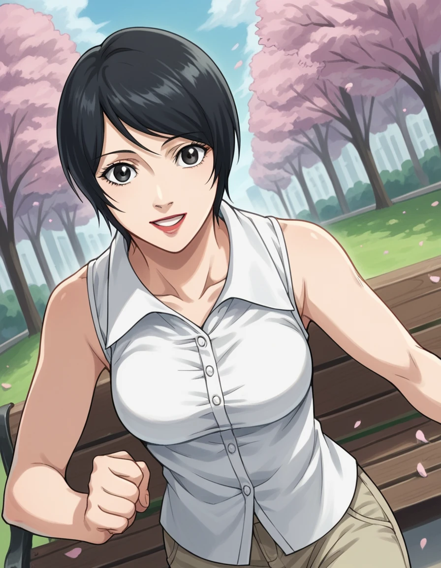 score_9, score_8_up, score_7_up, source_anime, <lora:takada-kiyomi-anime-ponyxl-lora-nochekaiser:1>, takada kiyomi, short hair, black hair, black eyes, lipstick, medium breasts,, shirt, sleeveless, pants, sleeveless shirt, collarbone,, park, cherry blossoms, bench, gentle breeze, peaceful, running, open mouth,, smile, looking at viewer, arm in a sling, solo,, cowboy shot, dutch angle