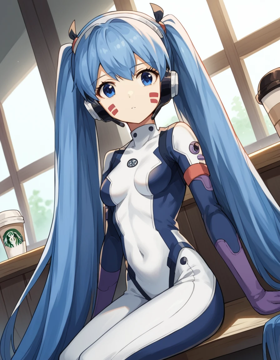 score_9, score_8_up, score_7_up, source_anime, <lora:hermit-mio-s1-ponyxl-lora-nochekaiser:1>, hermit mio, long hair, blue eyes, twintails, very long hair, blue hair, facial mark,, headphones, gloves, bodysuit, covered navel, pilot suit,, cafe, coffee cup, barista, sitting down, talking, relaxing, sunlight through window, , looking at viewer, arm wrapped around someone, solo,, cowboy shot, dutch angle