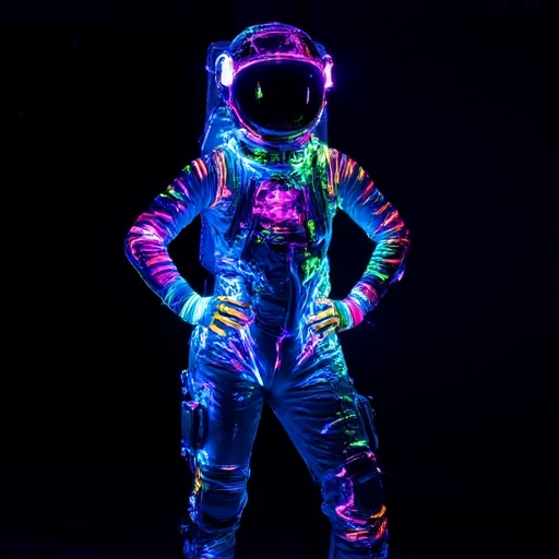 hand on hip, space helmet, spacesuit, hand up, glowing, no humans, 6+girls, multicolored hair