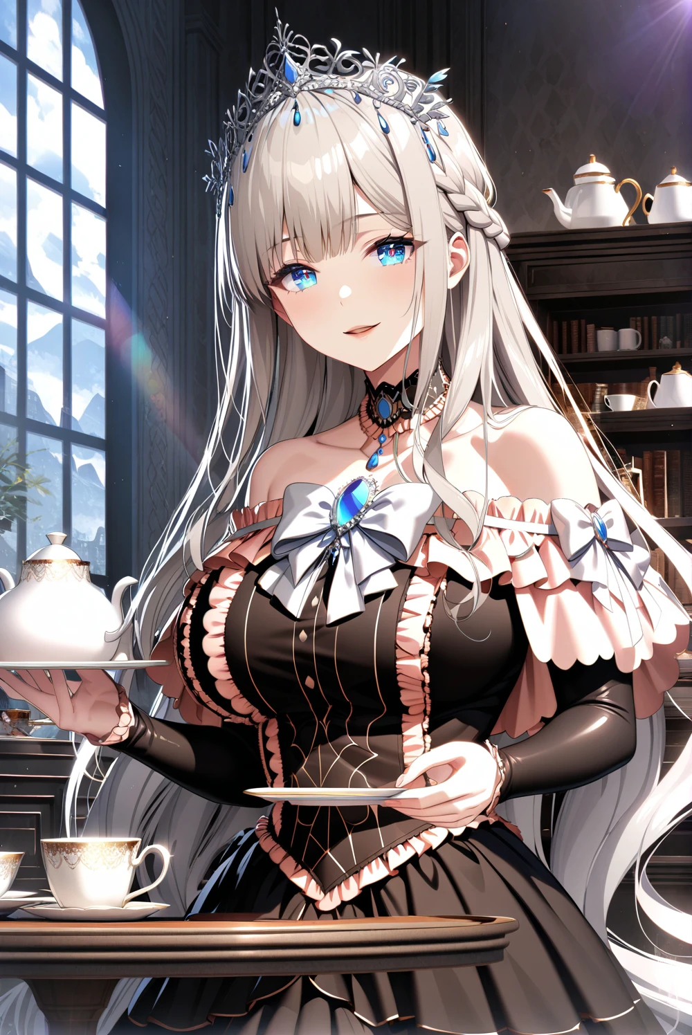 masterpiece, best quality, ultra-detailed, glistening shiny, glowing light, depth of field, (perfect face, detailed face, detailed eyes, perfect hands, perfect fingers), 8k, HD, HDR, ray tracing, perfect lighting, ultra-detailed, shiny eyes, looking at viewer, 1girl, mature female, thicc,
<lora:Cetea_aniXL_ia3_LT_v1:0.8>,
ceteaoujolt, french braid, bare shoulders, black dress, blue eyes, blue gemstone, blue brooch, bow, tiara, very long hair, silver hair, grey hair, choker, frilled dress, frills, jewelry, layered dress, long dress, black sleeves, off shoulder, off-shoulder dress, sidelocks,
smile,
holding cup, holding plate, holding saucer, indoors, large breasts, open mouth, parted lips, shelf, sidelocks, sitting, sunlight, table, tea, teacup, teapot, tiered tray, upper body, window, day