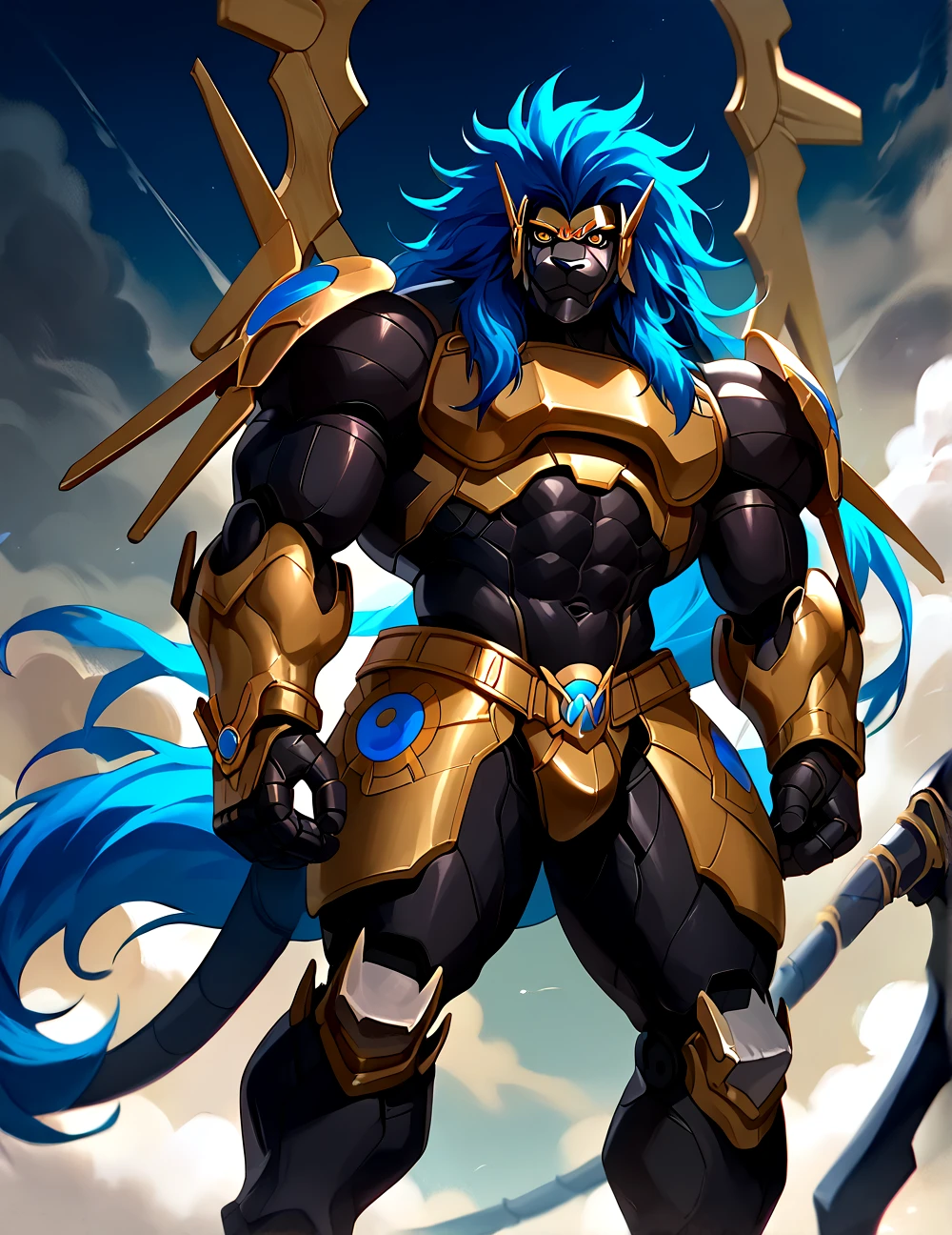 score_9, score_8_up, score_7_up,
<lora:Apollomon_Whispered_(Digimon)_(Pony)_(AD):1> Apollomon Whispered, muscular, blue mane, black lion, armor, Digimon, long hair,  robot, cyborg, mecha,
8K, In'ei, chiaroscuro, depth of field, rim lighting, clear_eyes,
perfect hands, perfect proportions, peak physical perfection, perfect male physique, powerful muscular body, impressive physique, thick arms, thick legs, large shoulders, wide thick chest,
dynamic action pose, detailed anime background, detailed photographic fluffy anime clouds, perfect hands, masterclass anime, black skin, black fur, evil, villain, alluring gaze, dynamic lighting, glistening gold, photographic realism, chest armor,
BREAK zPDXL, zPDXLxxx,