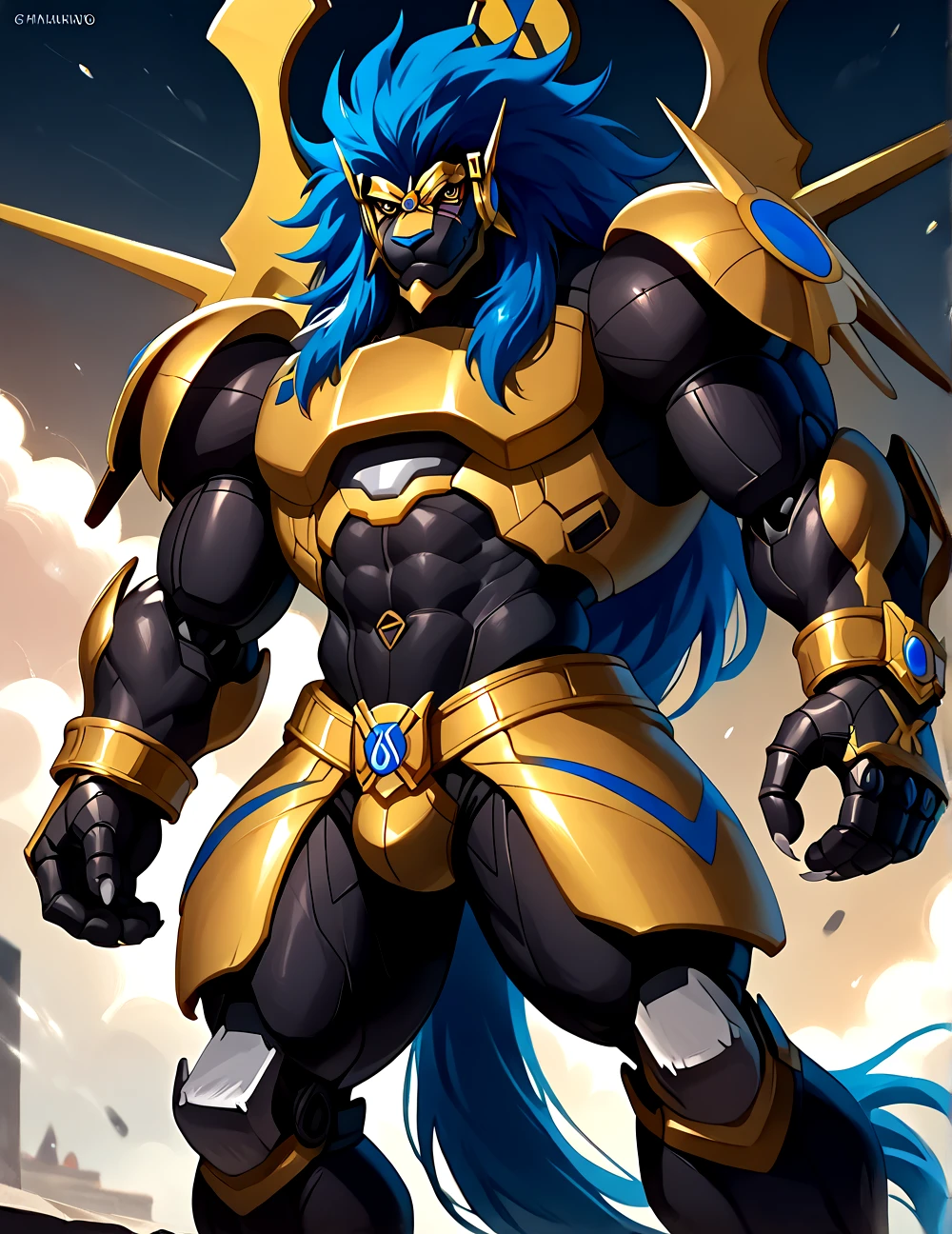 score_9, score_8_up, score_7_up,
<lora:Apollomon_Whispered_(Digimon)_(Pony)_(AD):1> Apollomon Whispered, muscular, blue mane, black lion, armor, Digimon, long hair,  robot, cyborg, mecha, 
8K, In'ei, chiaroscuro, depth of field, rim lighting, clear_eyes,
perfect hands, perfect proportions, peak physical perfection, perfect male physique, powerful muscular body, impressive physique, thick arms, thick legs, large shoulders, wide thick chest, 
dynamic action pose, detailed anime background, detailed photographic fluffy anime clouds, perfect hands, masterclass anime, black skin, black fur, evil, villain, alluring gaze, dynamic lighting, glistening gold, photographic realism, chest armor, 
BREAK zPDXL, zPDXLxxx,