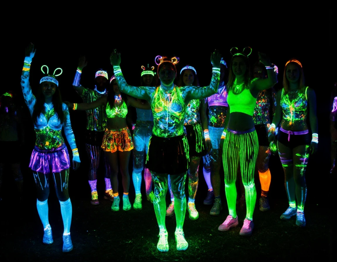 <lora:black_lightUV_glow:1>,amateur photgraphy of multiple glowing people at a rave party outdoors,