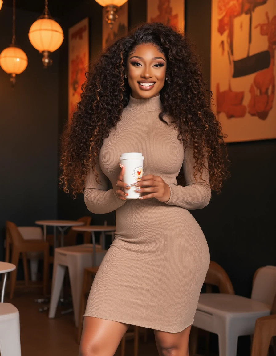 <lora:Megan_Thee_Stallion_Flux:1> realistic photo of megants, long curly hair,  large breasts, large ass, makeup, wearing a turtleneck fitted sweater dress, in a cafe having a coffee. looking at the viewer, smiling