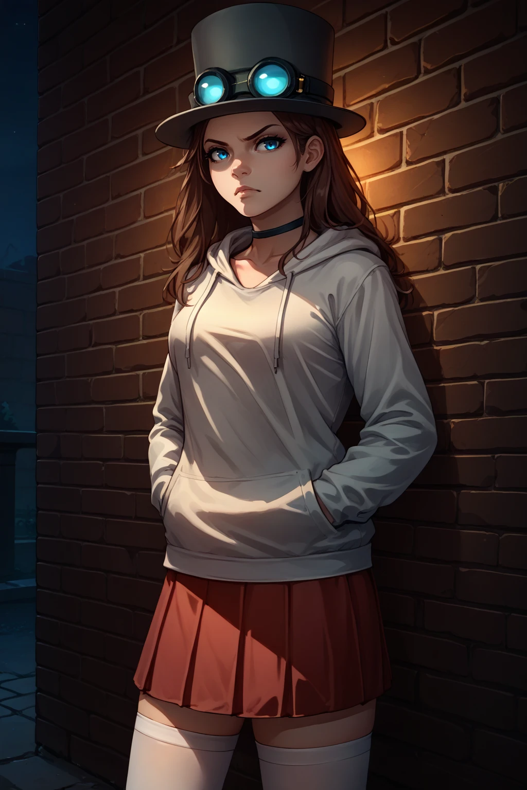 score_9, score_8_up, 1girl, solo, <lora:NSSteampunkerTerraria:1> NSStpumker, brown hair, long hair, blue eyes, top hat, goggles on headwear, black choker, white hoodie, red skirt, white thighhighs, hands in pockets, grumpy, night, brick wall, leaning