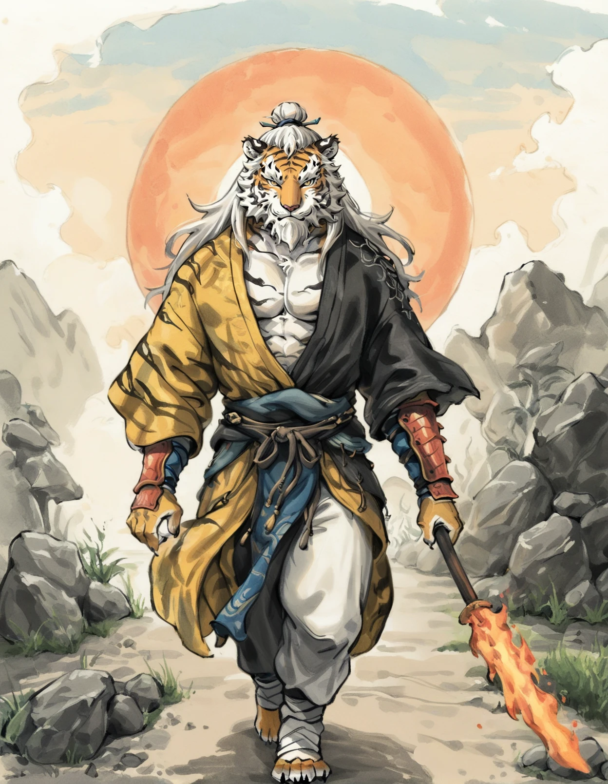 ink wash painting style, tiger,male,solo,anthro, orange fur, black stripes,mature, battle robe, blue loincloth, pattern robe, hair bun,white mane hair, beard, standing, holding melee weapon, double headed fire blade, polearm, sunset, dusk, sky, black contour, grass, rock, walking towards viewer,BREAK
ink wash painting style, tiger,male,solo,anthro,white beard, white pants, yellow eyes, fire, sun, tassets, leg wraps, red vambrace,
<lora:BlackMythGuangzhi_1.1.8:0.6><lora:xl_ink wash painting style(pony):0.8>