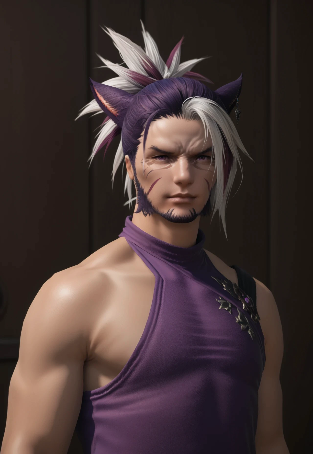 Score_PnyReal, A cinematic shot, face2_xiv, miqo'te, solo, animal ears, miqo'te, male focus, 1boy, cat ears, dark skin, multicolored hair, two-tone hair, facial hair, dark-skinned male, upper body, facial mark, facing viewer, white hair, purple facepaint stripe, bare shoulders, halter top, purple shirt, closed mouth, cat boy, two tone hair, purple hair, 3d, final fantasy xiv, fantasy