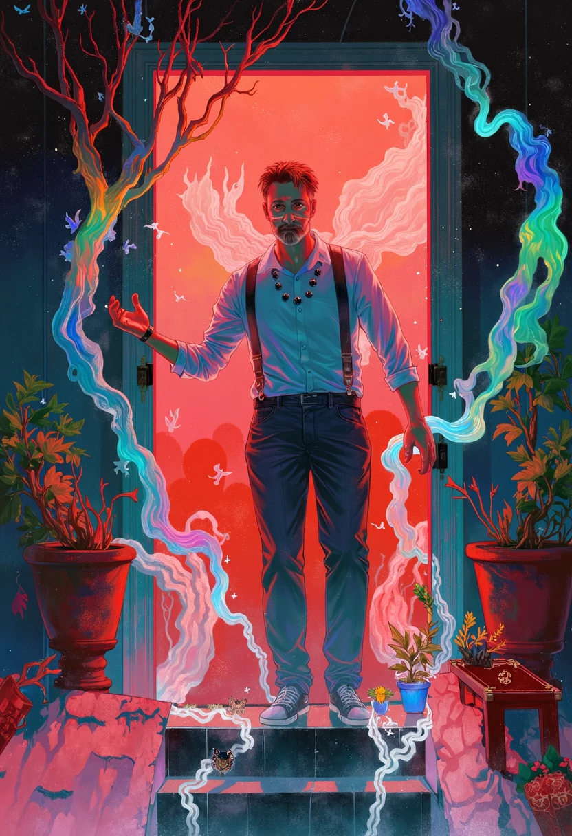 The image portrays a surreal scene of a man surrounded by vibrant dreamlike elements set against a backdrop of a neon-lit doorway.