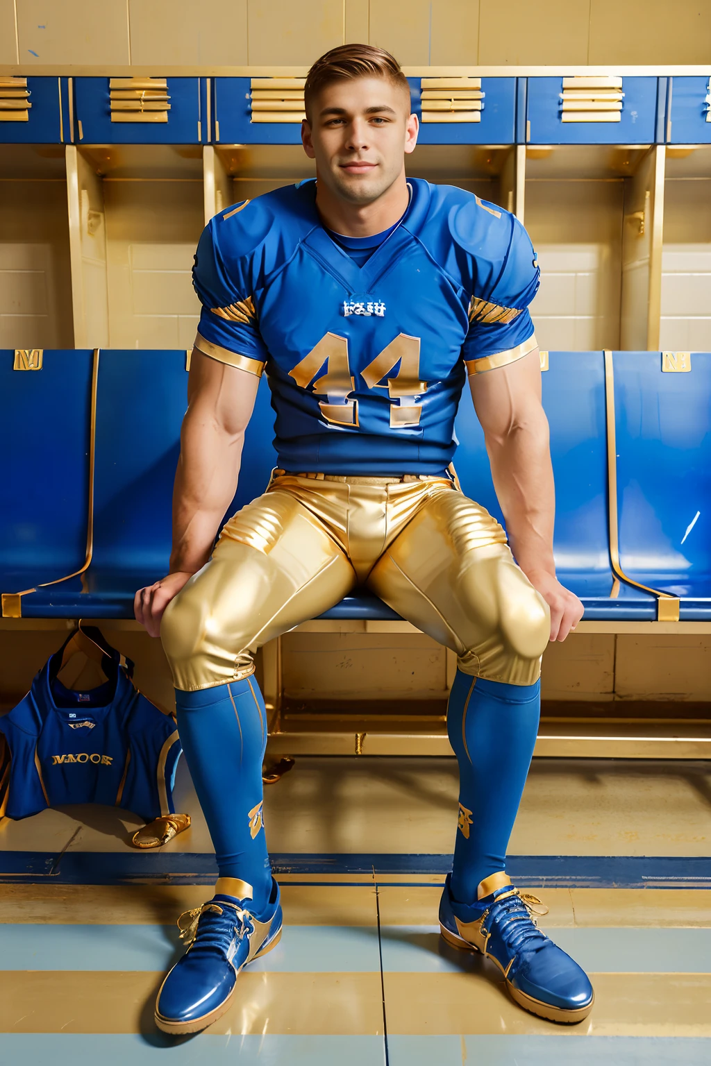 locker room, sitting on a bench, in front of lockers, slightly smiling, DorianMcDon is an (American football player), wearing (football uniform:1.3), (blue jersey:1.5), jersey number 47, (pale gold football pants:1.4), (blue socks:1.3), long socks, (sneakers:1.3), (((full body portrait))), wide angle  <lora:DorianMcDon:0.8>