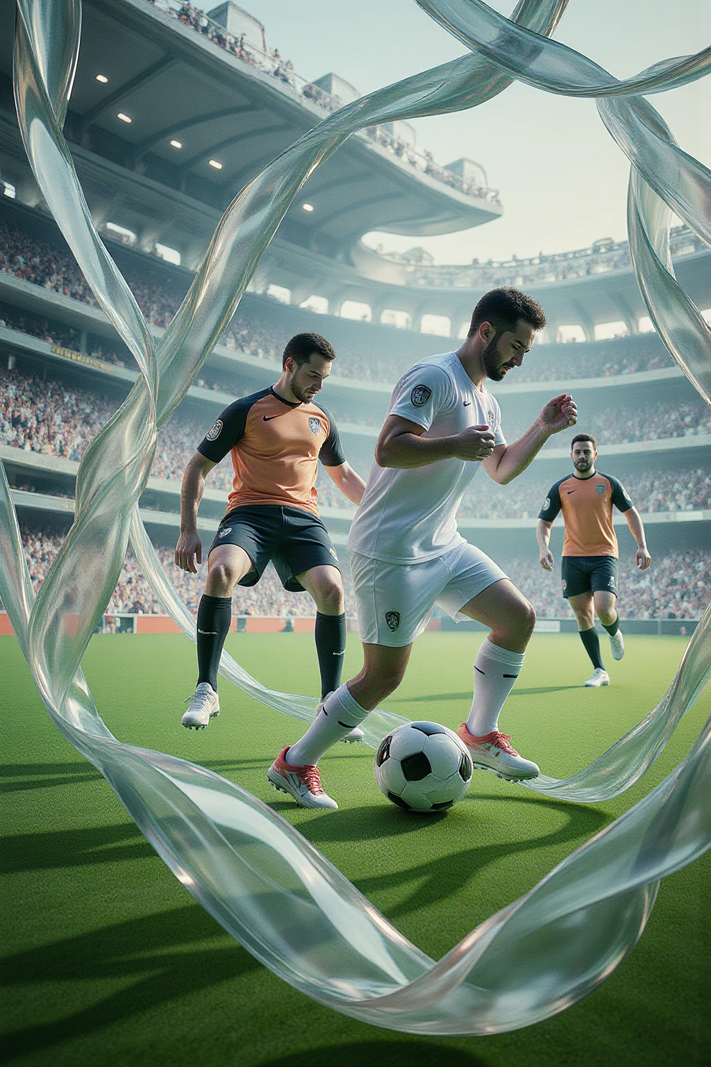 bingyuzai,Best quality, super high resolution, players playing on a football field covered with grass, football game decision moment, full body shots of the players, the background of the auditorium, exaggerated composition, surrounded by a transparent glass band that forms a swirl