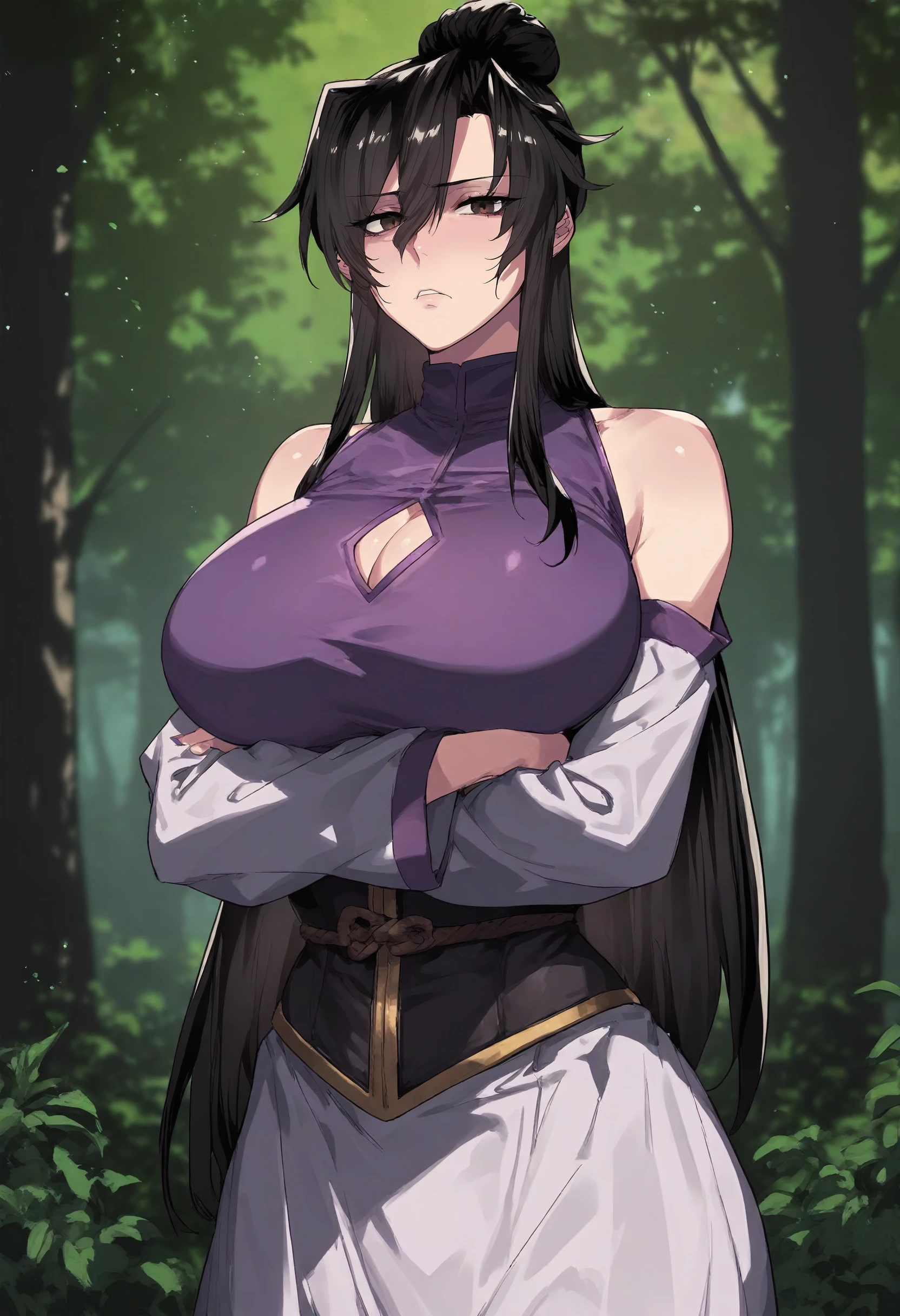 score_9, score_8_up, score_7_up, score_6_up, source_anime, rating_explicit, 1girl, (solo:1.1), huge breasts,<lora:Tang Hye prefectPonyxl:0.9> black hair, long hair, single hair bun, hair between eyes, black eyes, brown eyes, sidelocks, purple shirt, turtleneck, cleavage cutout, sleeveless shirt, detached sleeves, black corset, white skirt, serious, forest, outdoors, looking at viewer, crossed arms