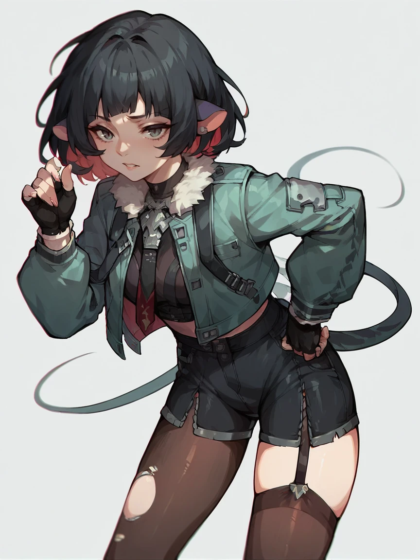 score_9, score_8_up, score_7_up, score_6_up, score_5_up,   <lora:janedoeXLP:0.7> 1girl, jane doe, solo, rat ears, black hair, torn clothes, fingerless gloves, jacket, shorts, pantyhose, thighhighs, multicolored hair,