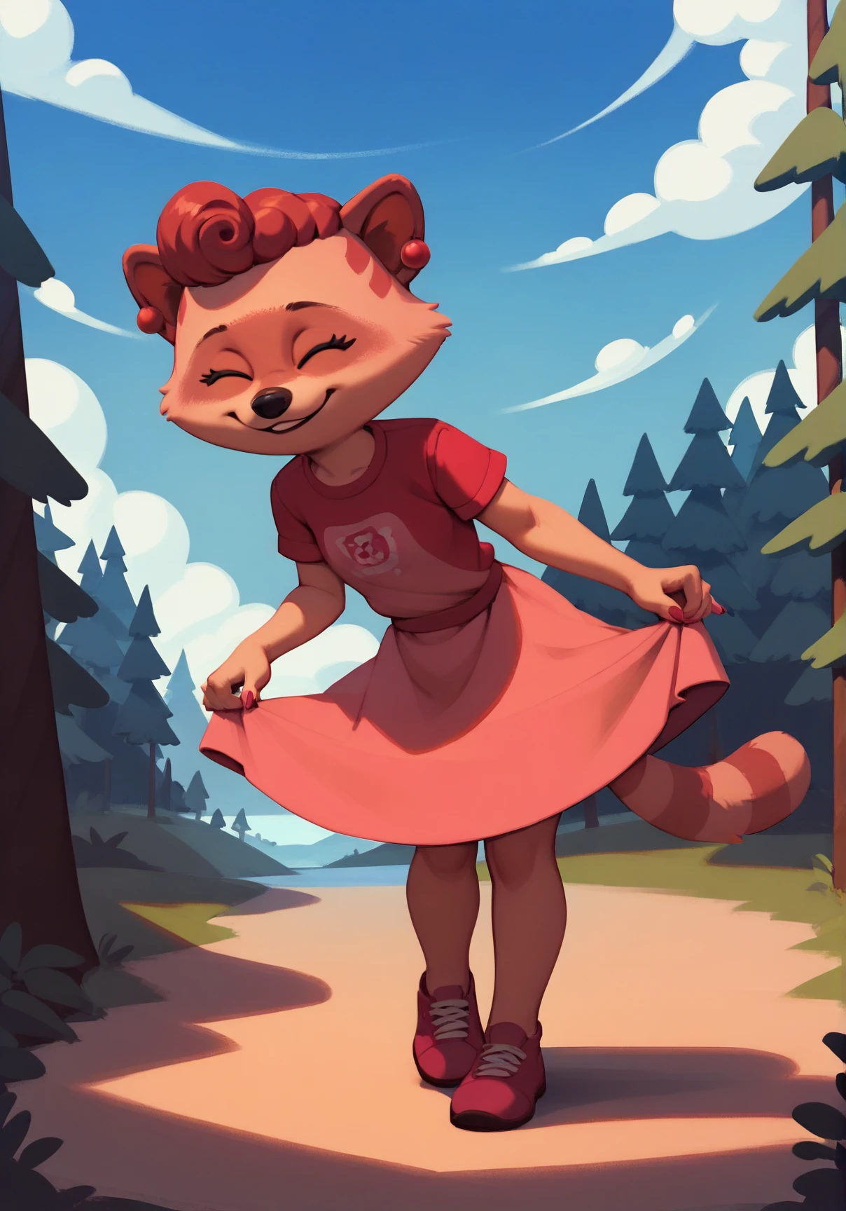 score_9, score_8_up, score_7_up, score_6_up,
Sonya, solo, pink fur, black eyes, curly short hair,pink dress, racoon tail, skirt hold bowing, smile, closed eyes, facing viewer, looking at viewer, leaning forward, forest, blue sky, sun<lora:skirt_hold_bowing_d16:1>
 <lora:Sonya_XL:0.9>