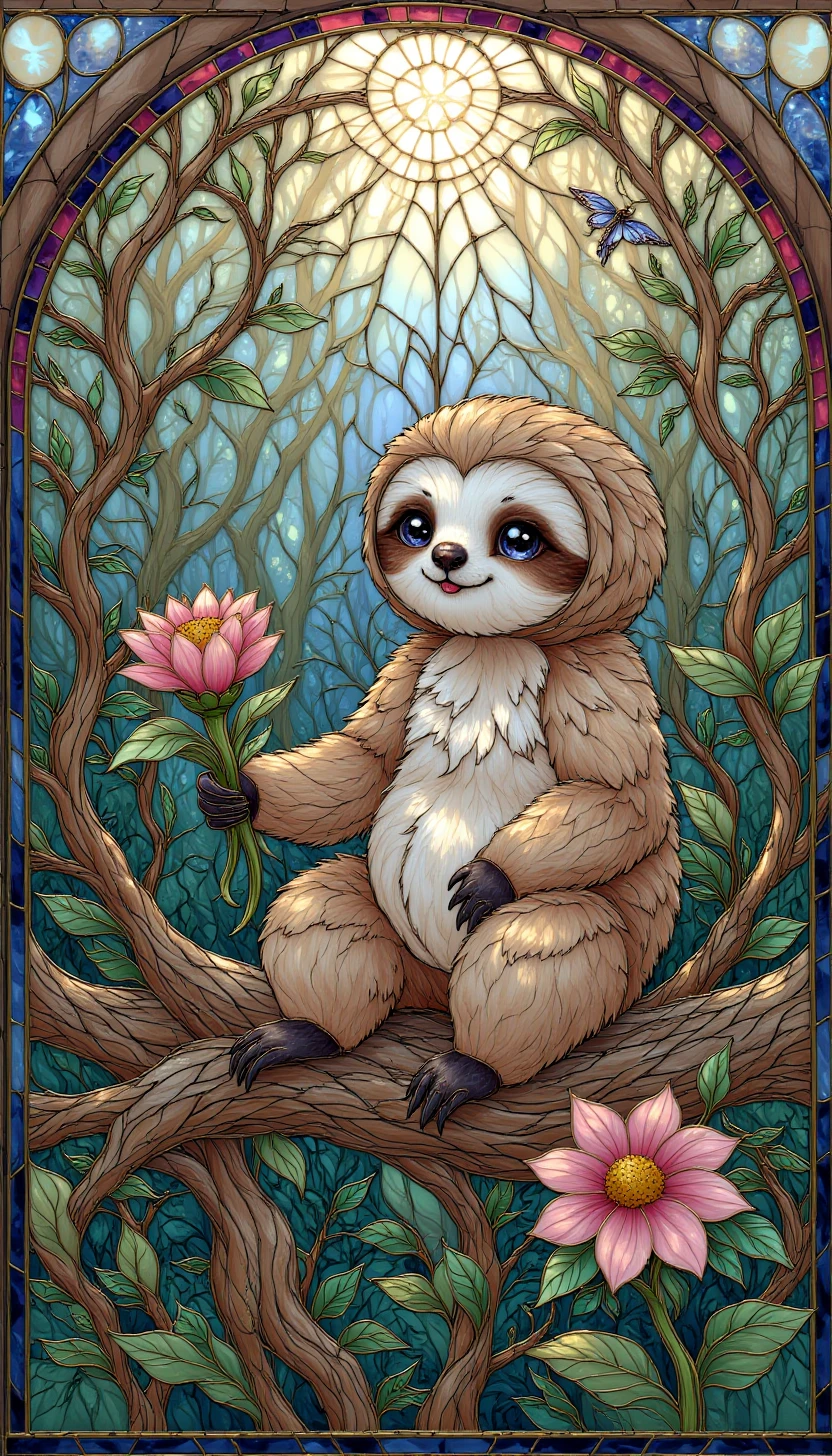 p1nk1est41n3dgl4ss, stained glass,a cute sloth sitting in a garden, holding a flower